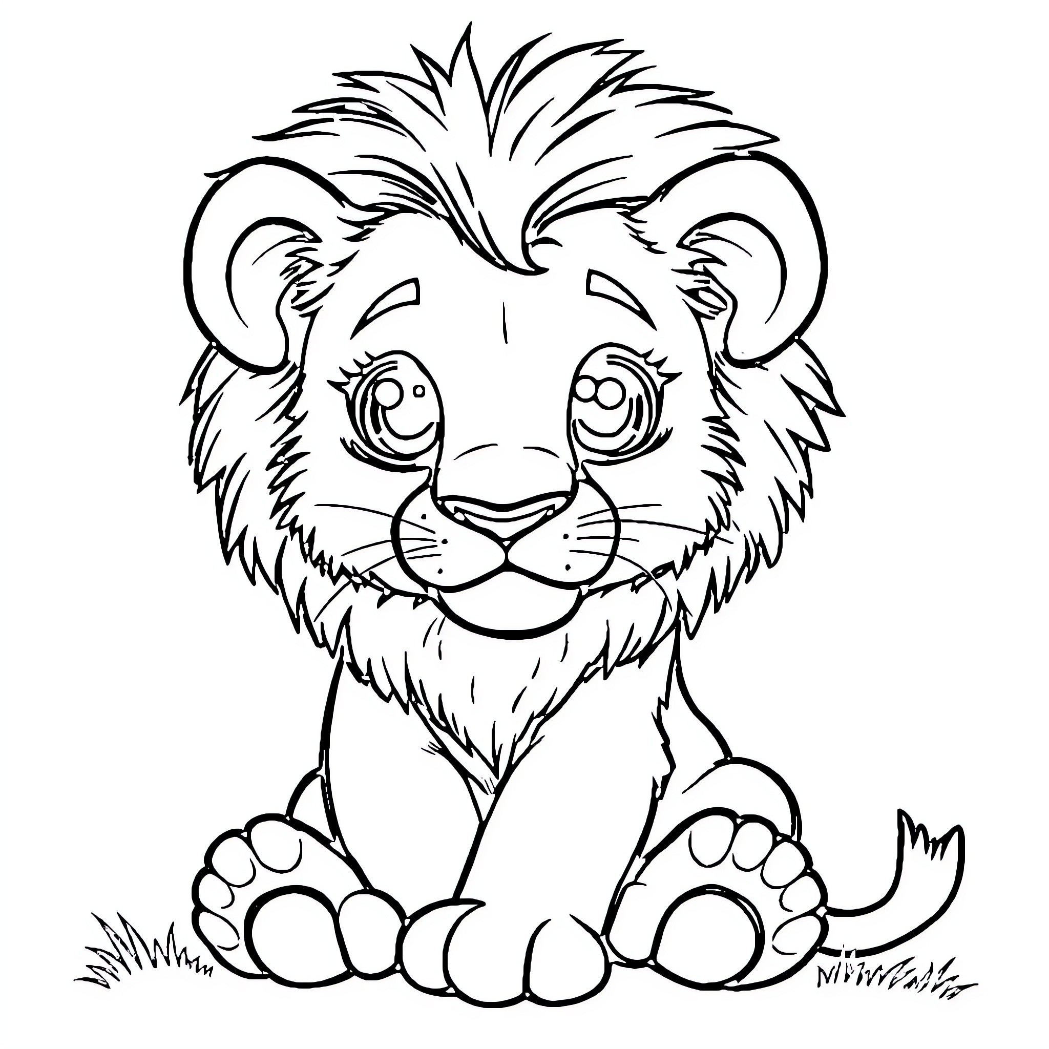 Lion cub sitting cutely on the grass Coloring Page (free black-and-white line drawing printable PDF for all, from beginners to advanced learners, including children, teens, adults, and seniors)