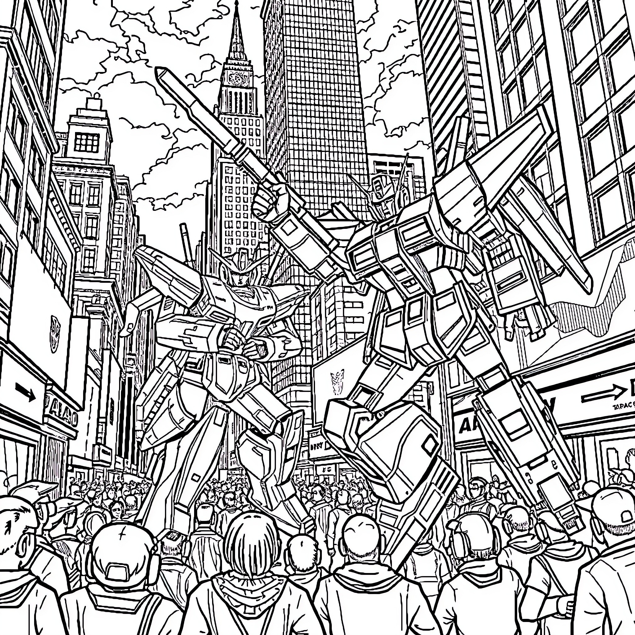 Transformer Robotic Figure Towering Over City Skyline Coloring Page (free black-and-white line drawing printable PDF for all, from beginners to advanced learners, including children, teens, adults, and seniors)