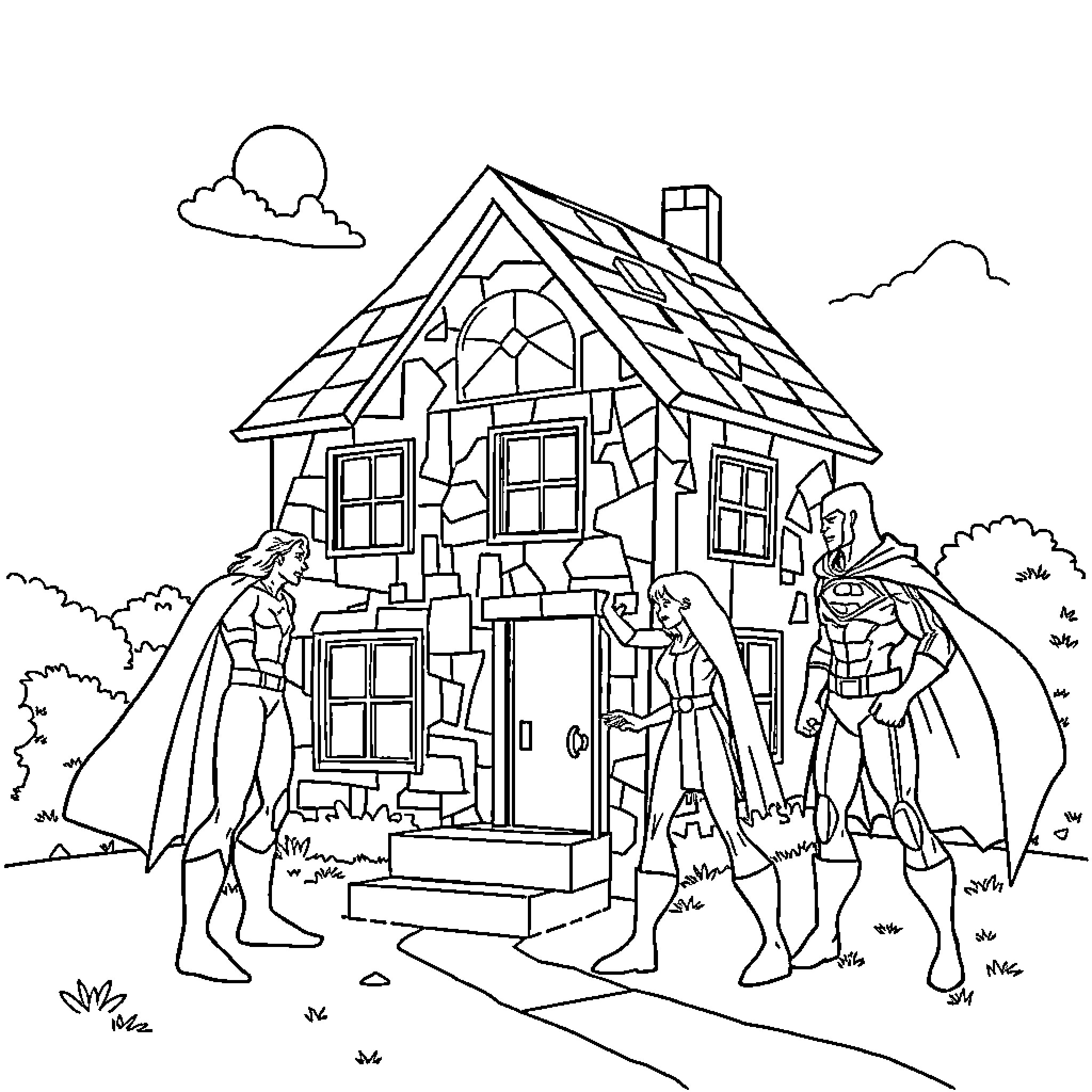 Superheroes protecting a house in the countryside Coloring Page (free black-and-white line drawing printable PDF for all, from beginners to advanced learners, including children, teens, adults, and seniors)