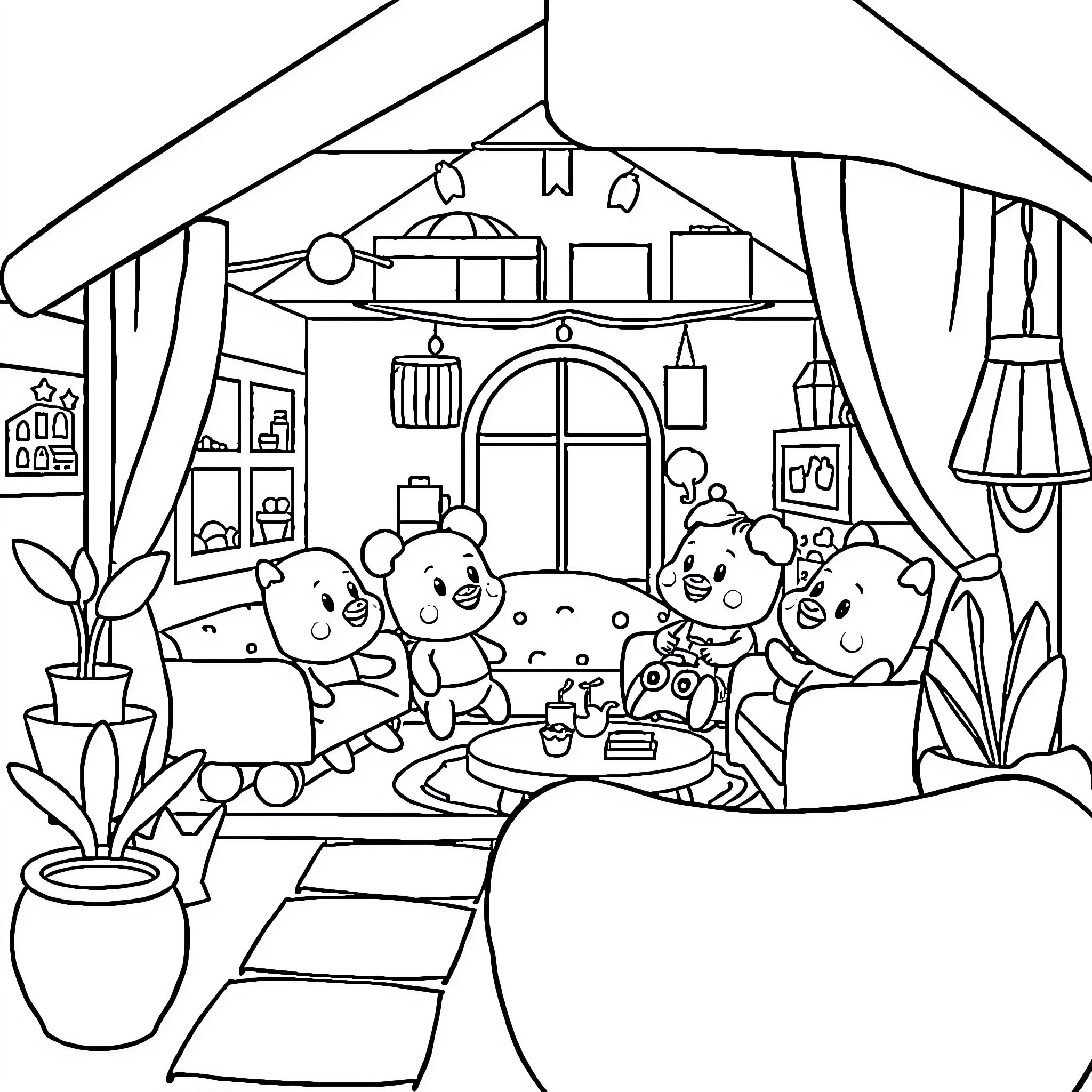 Toca Boca characters enjoying a cozy indoor gathering Coloring Page (free black-and-white line drawing printable PDF for all, from beginners to advanced learners, including children, teens, adults, and seniors)