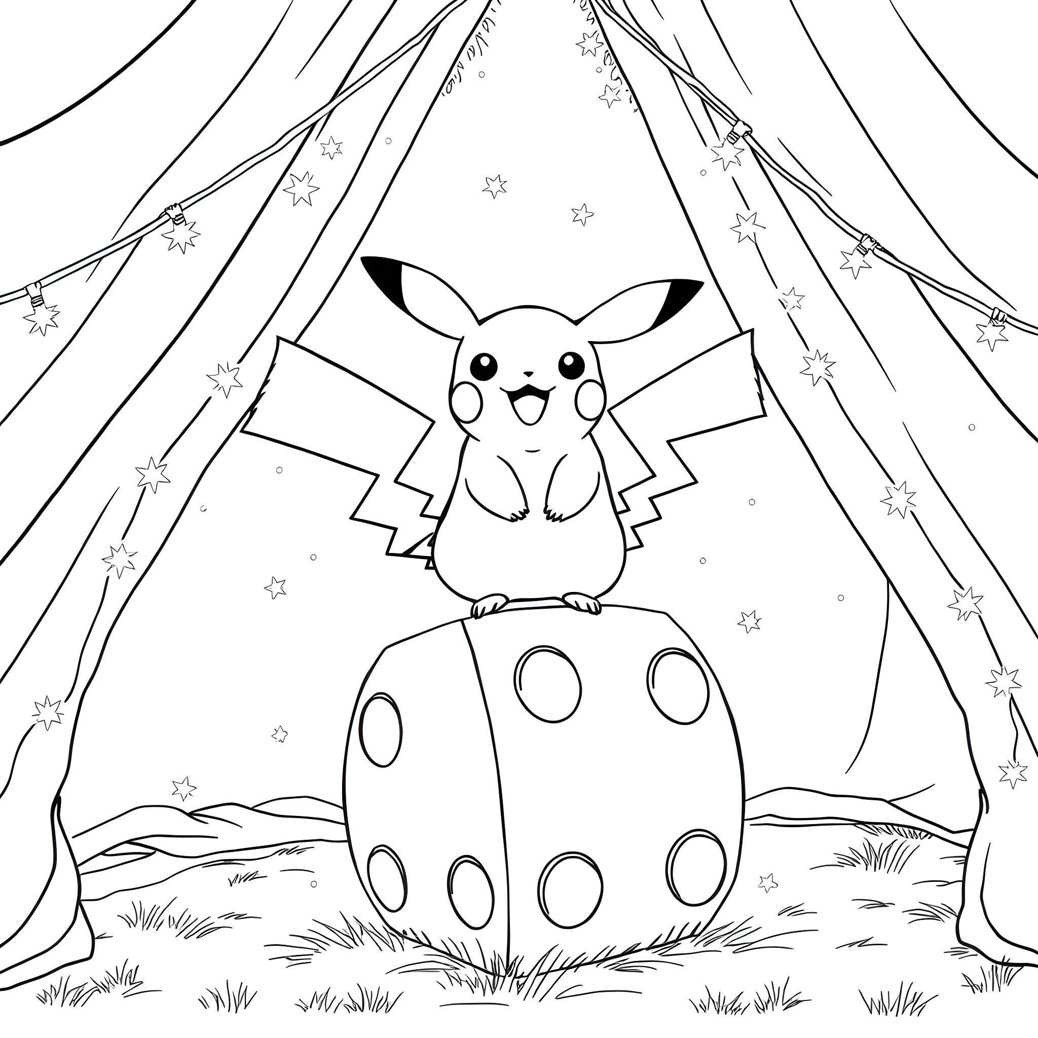 Pikachu posing happily on a polka dot mushroom Coloring Page (free black-and-white line drawing printable PDF for all, from beginners to advanced learners, including children, teens, adults, and seniors)