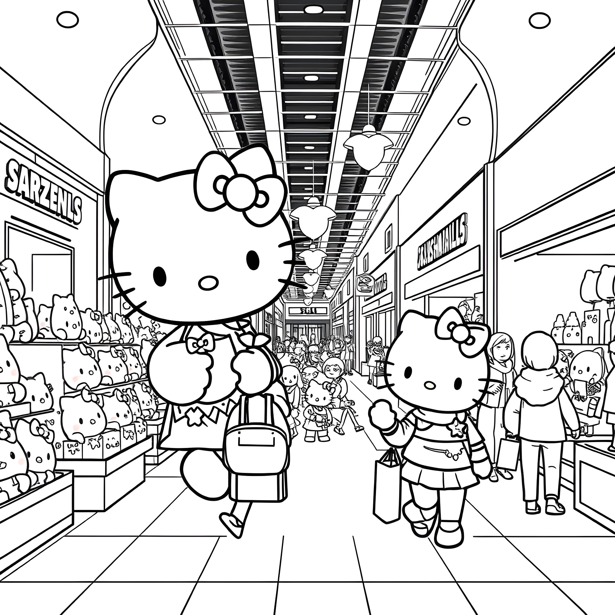 Hello Kitty and Friends Explore Shopping Mall Coloring Page (free black-and-white line drawing printable PDF for all, from beginners to advanced learners, including children, teens, adults, and seniors)