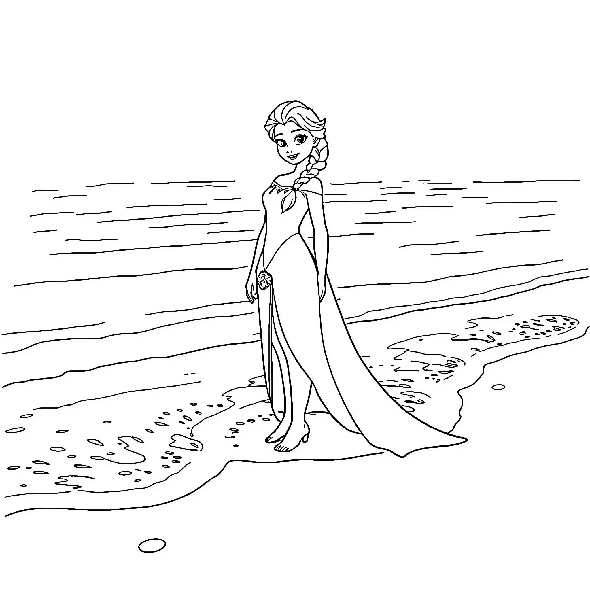Elsa enjoying a stroll on the beach Coloring Page (free black-and-white line drawing printable PDF for all, from beginners to advanced learners, including children, teens, adults, and seniors)