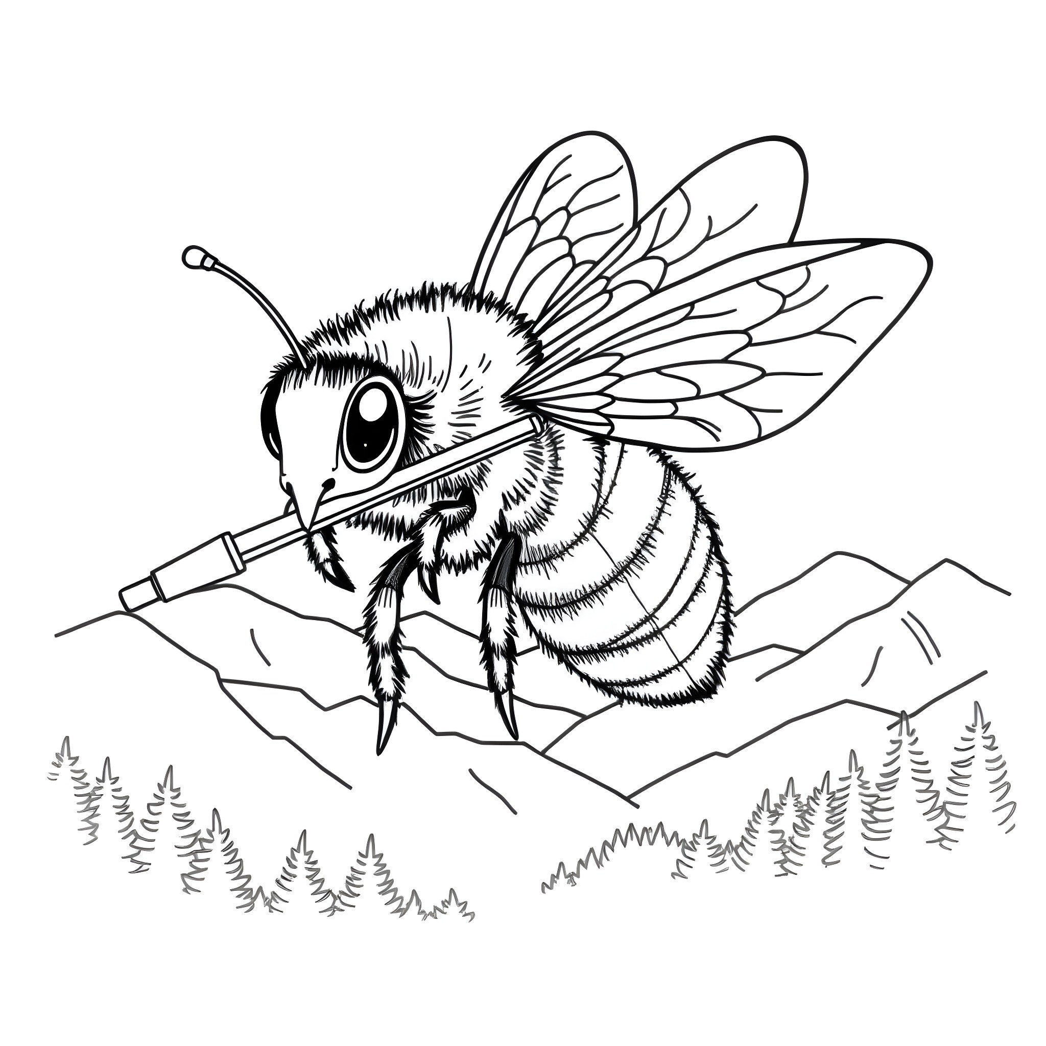 Bee exploring the wilderness Coloring Page (free black-and-white line drawing printable PDF for all, from beginners to advanced learners, including children, teens, adults, and seniors)