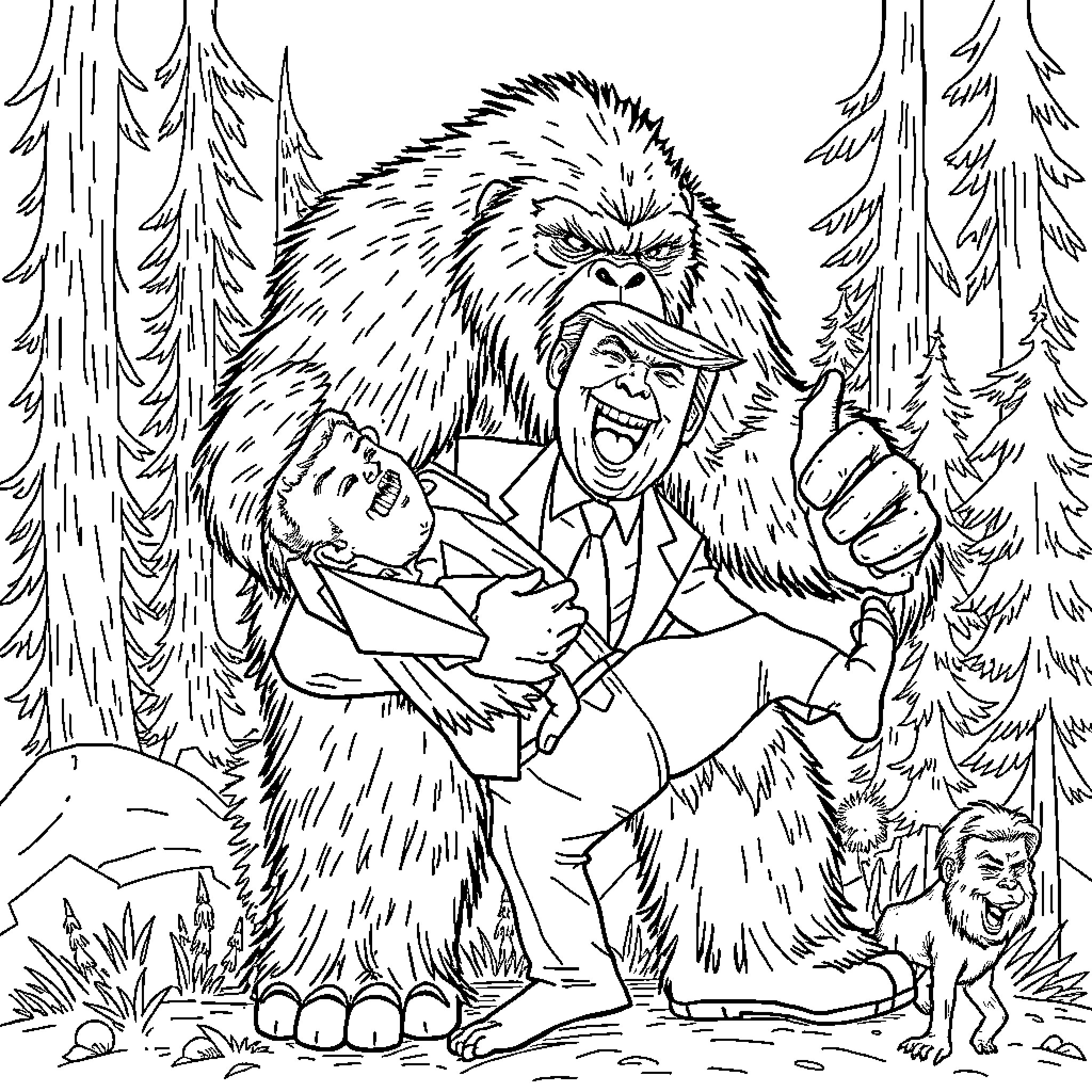 Bigfoot tussling with hikers in the forest Coloring Page (free black-and-white line drawing printable PDF for all, from beginners to advanced learners, including children, teens, adults, and seniors)