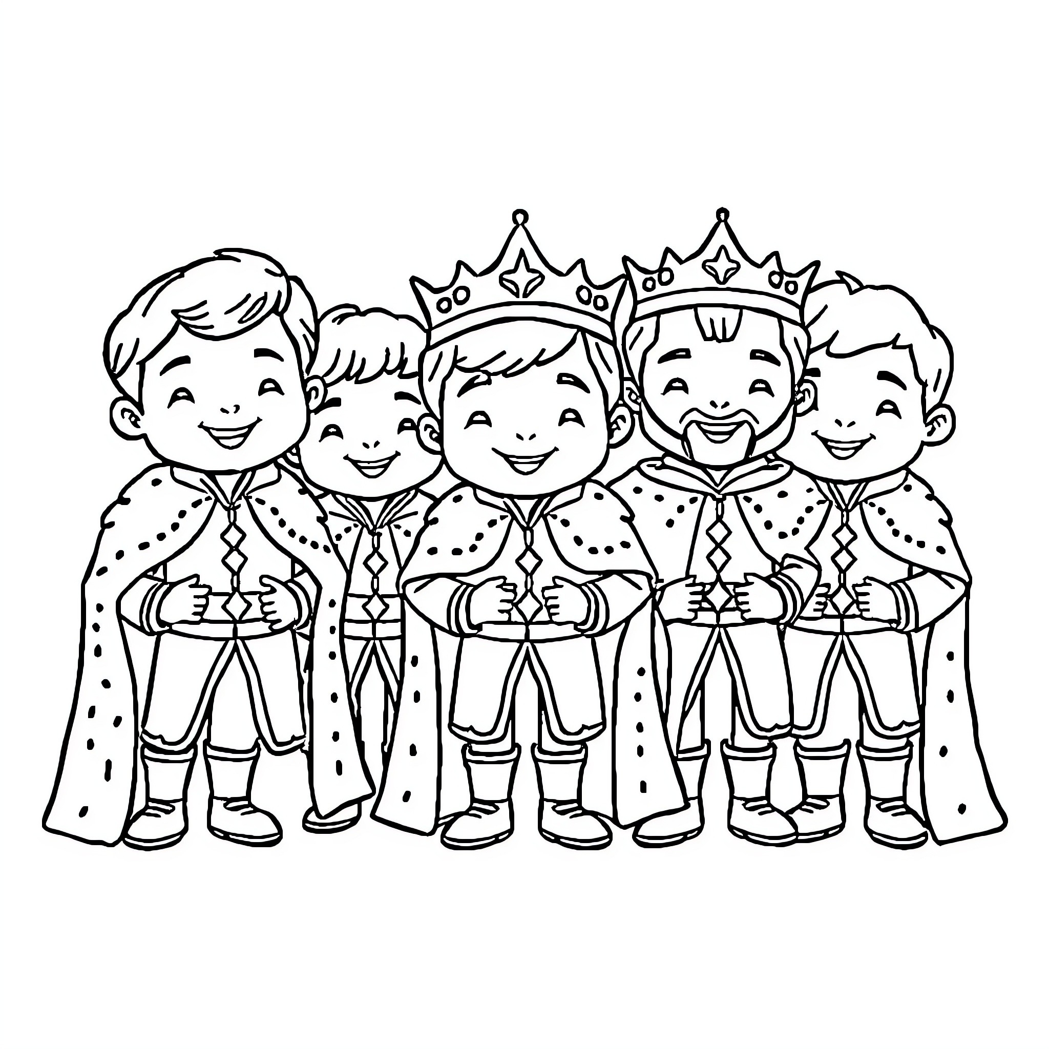 Prince and his Royal Court Coloring Page (free black-and-white line drawing printable PDF for all, from beginners to advanced learners, including children, teens, adults, and seniors)