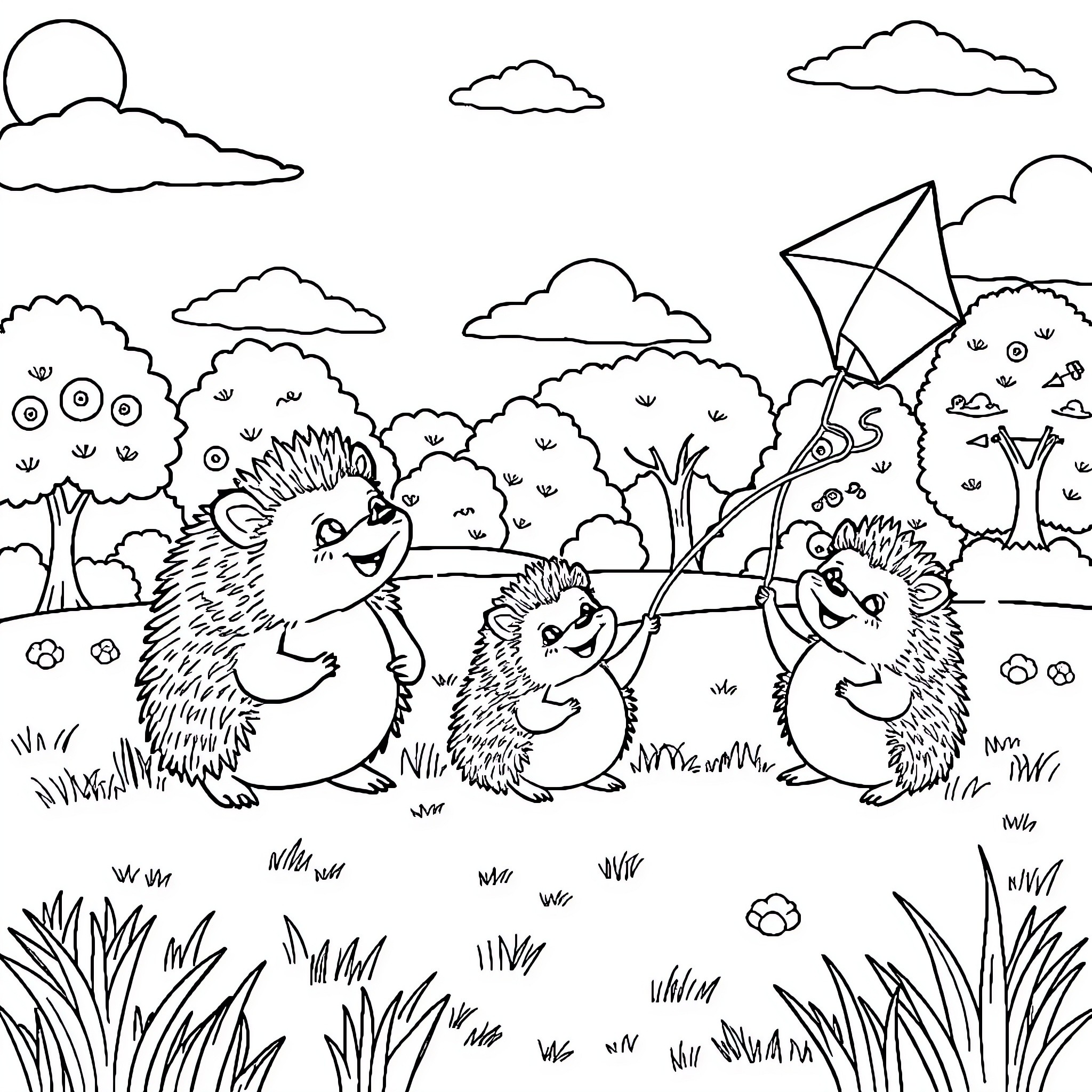 Hedgehogs playing with kites in a lush meadow Coloring Page (free black-and-white line drawing printable PDF for all, from beginners to advanced learners, including children, teens, adults, and seniors)