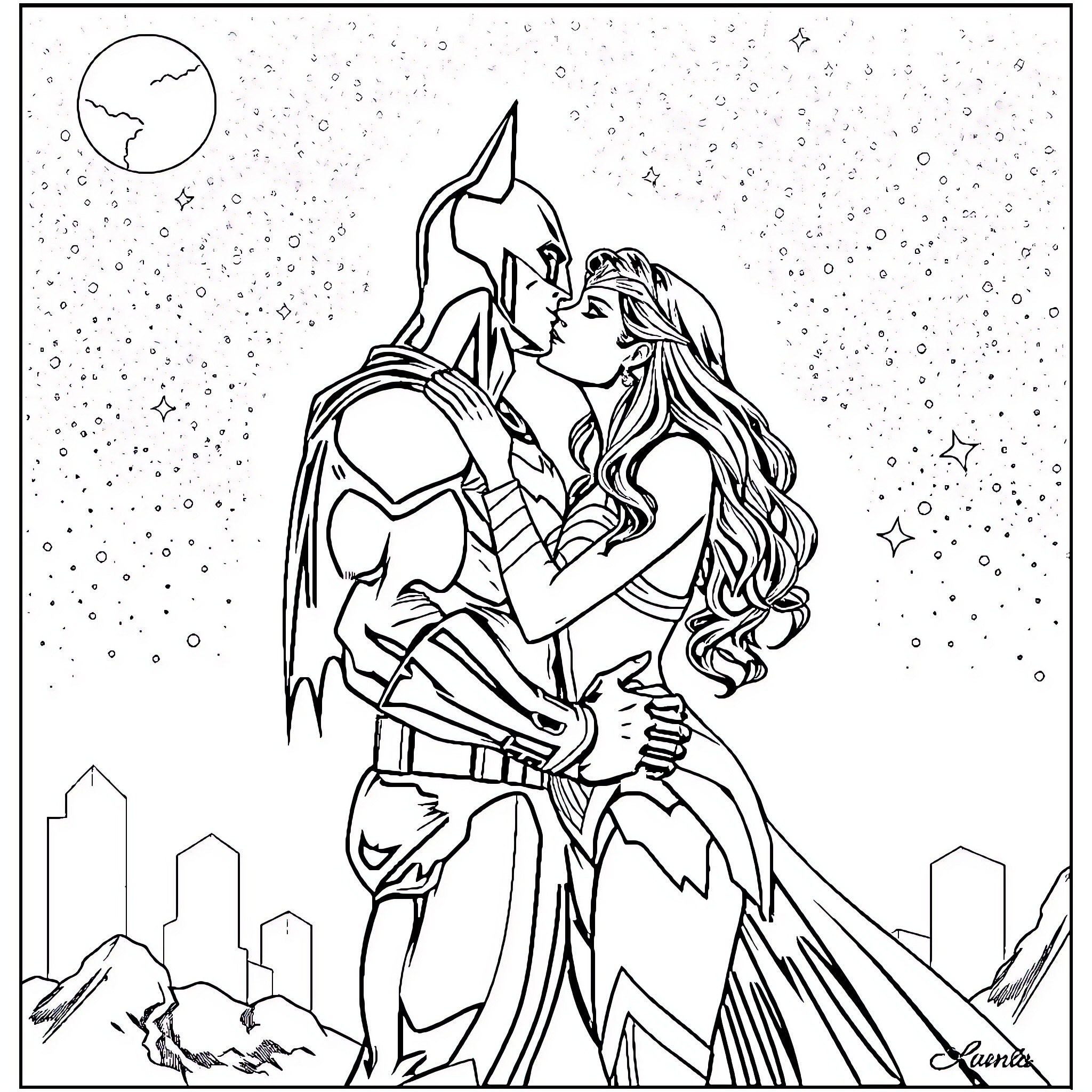 Wonder Woman and superhero in romantic embrace Coloring Page (free black-and-white line drawing printable PDF for all, from beginners to advanced learners, including children, teens, adults, and seniors)