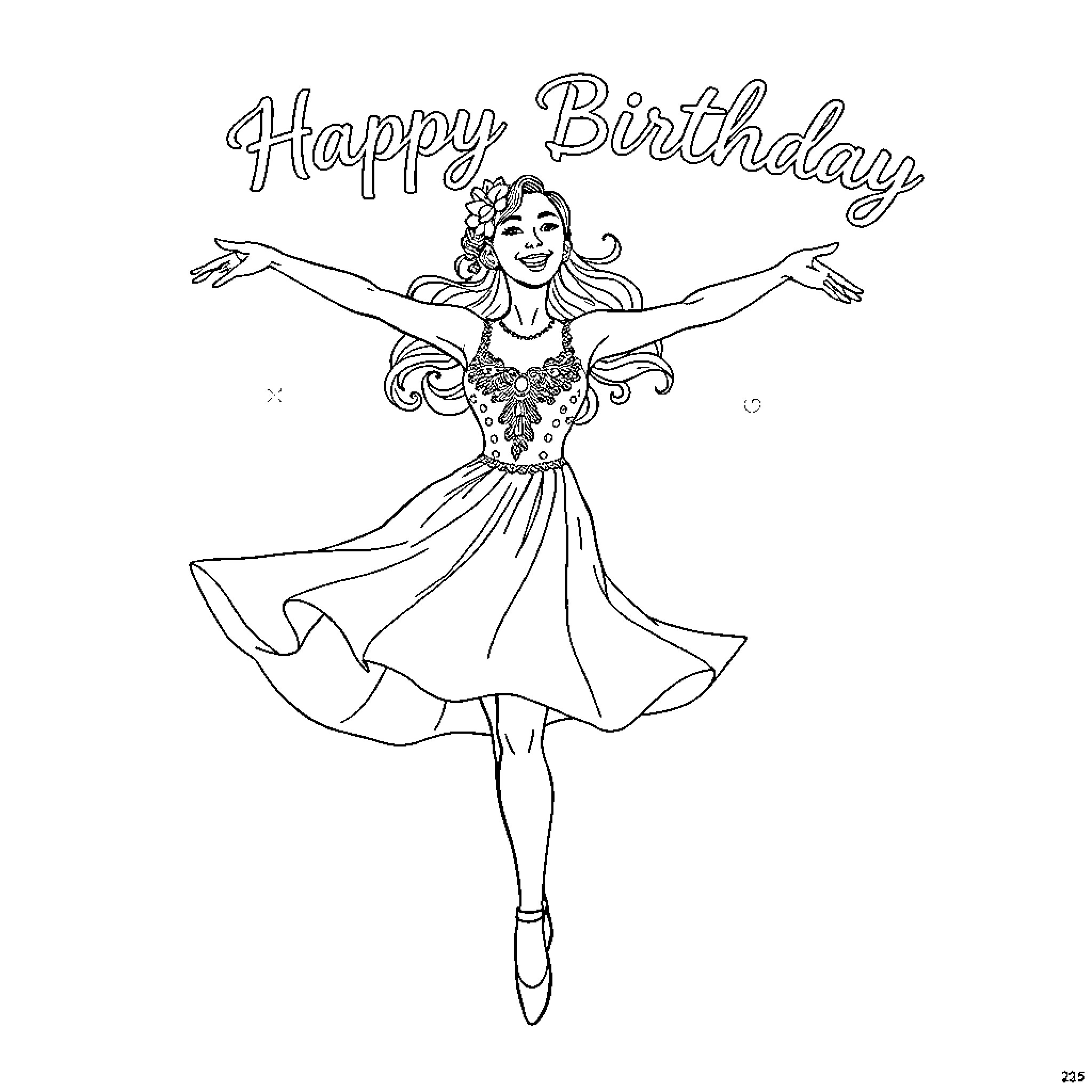 Ballet Dancer Celebrating Happy Birthday with Joyful Pose Coloring Page (free black-and-white line drawing printable PDF for all, from beginners to advanced learners, including children, teens, adults, and seniors)