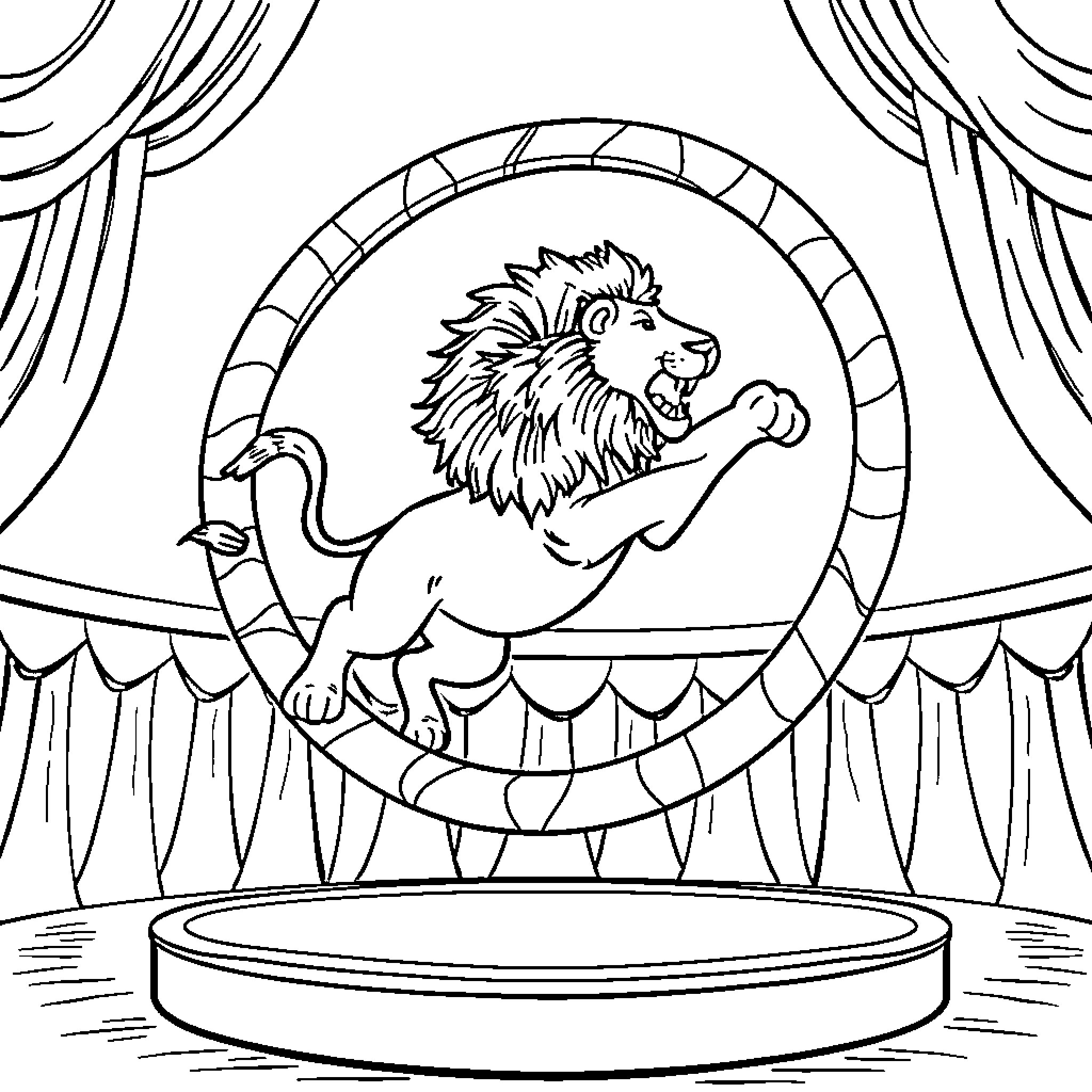 Lion Performing Tricks on Stage in Circus Coloring Page (free black-and-white line drawing printable PDF for all, from beginners to advanced learners, including children, teens, adults, and seniors)
