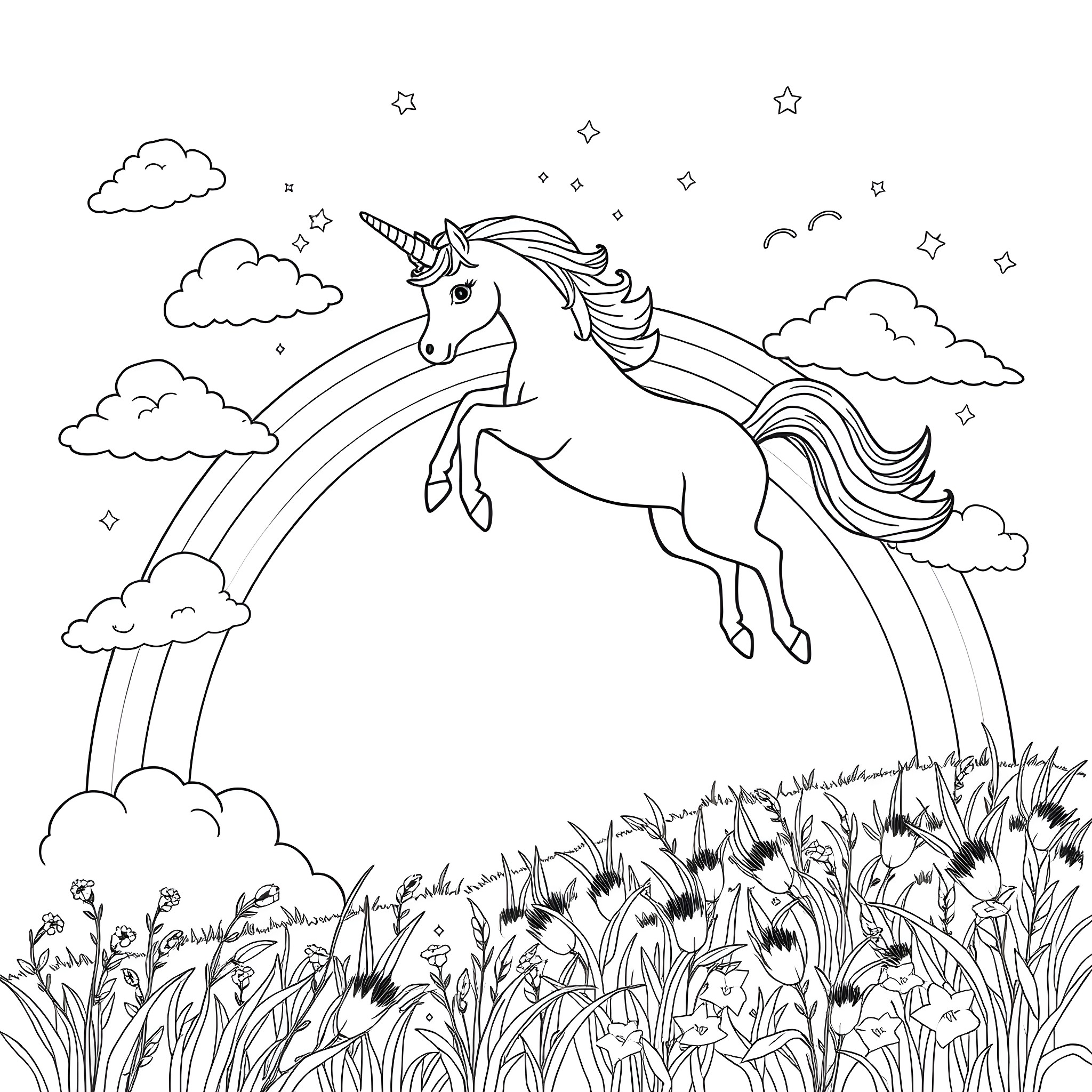 Unicorn leaping across a rainbow in a magical meadow Coloring Page (free black-and-white line drawing printable PDF for all, from beginners to advanced learners, including children, teens, adults, and seniors)