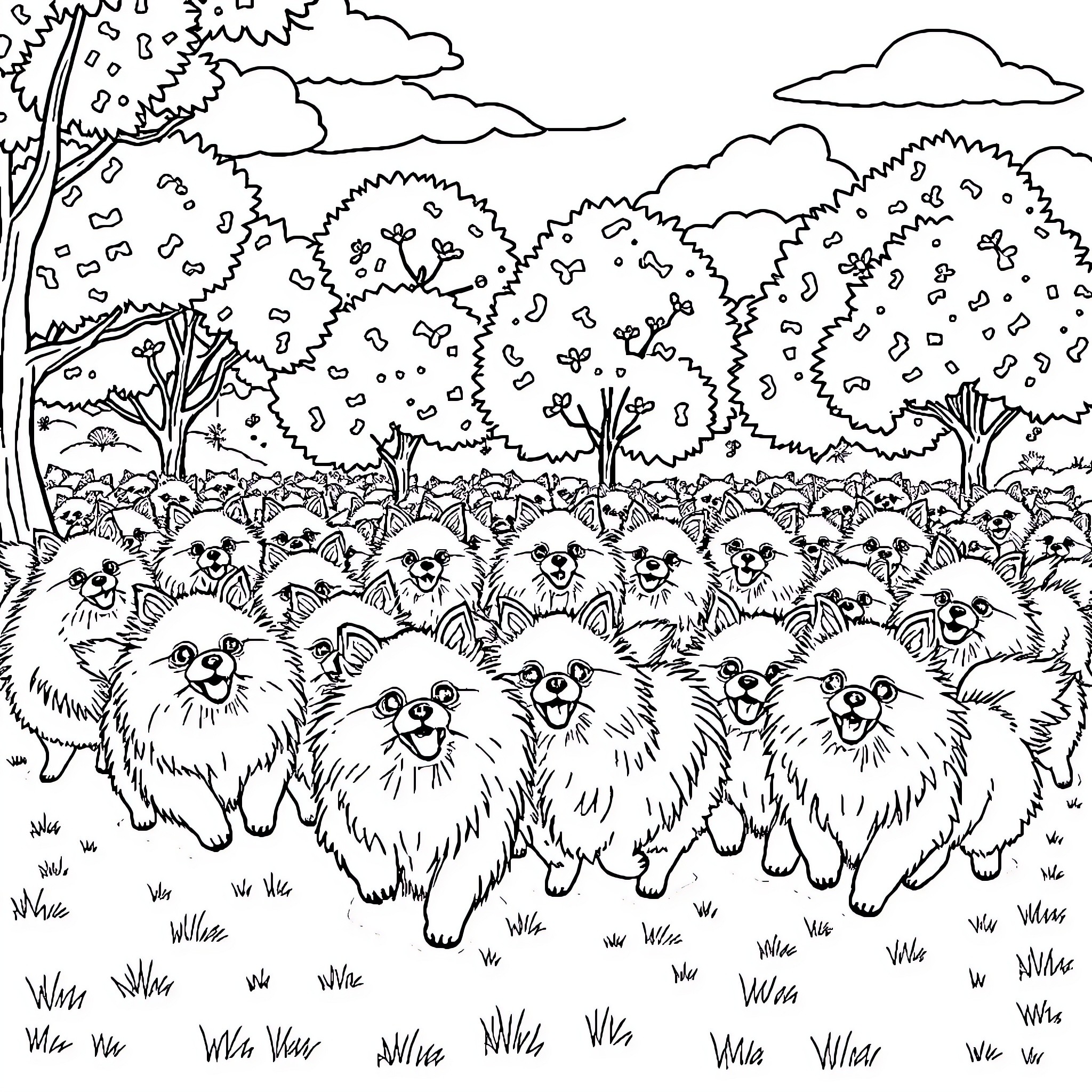 Pomeranian dogs playing and frolicking in a lush outdoor scene Coloring Page (free black-and-white line drawing printable PDF for all, from beginners to advanced learners, including children, teens, adults, and seniors)