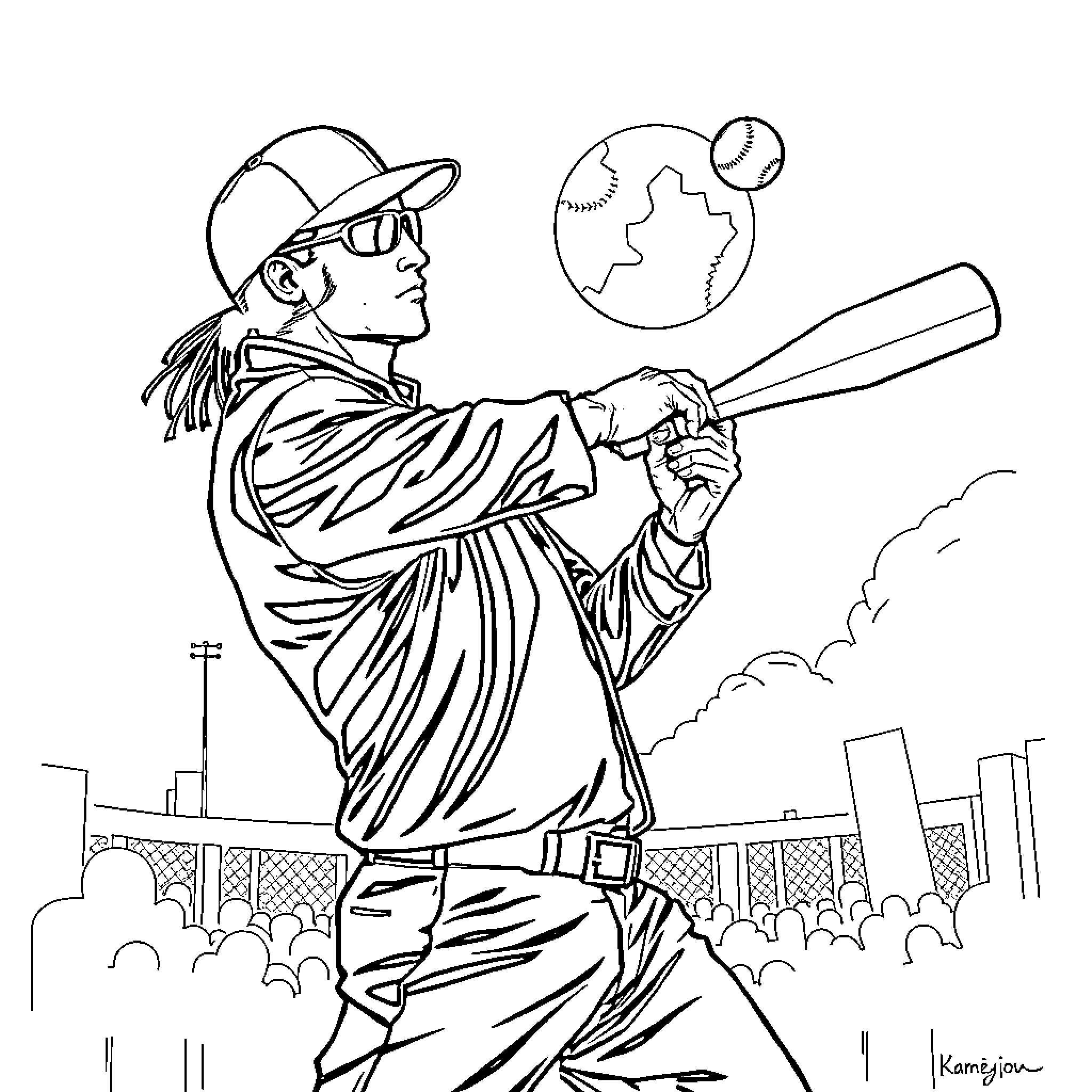 Neo's Baseball Journey Under the Lights Coloring Page (free black-and-white line drawing printable PDF for all, from beginners to advanced learners, including children, teens, adults, and seniors)