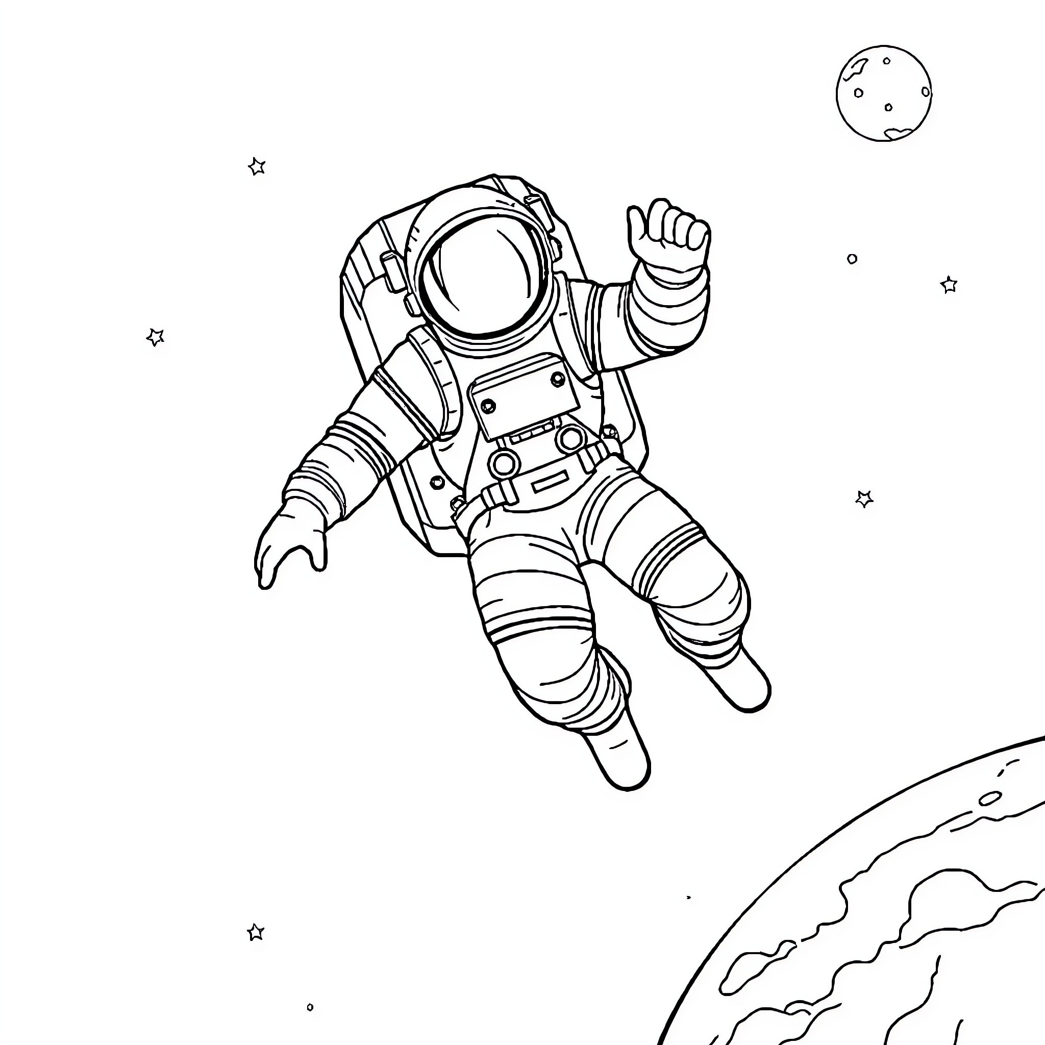 Astronaut floating in space with stars Coloring Page (free black-and-white line drawing printable PDF for all, from beginners to advanced learners, including children, teens, adults, and seniors)