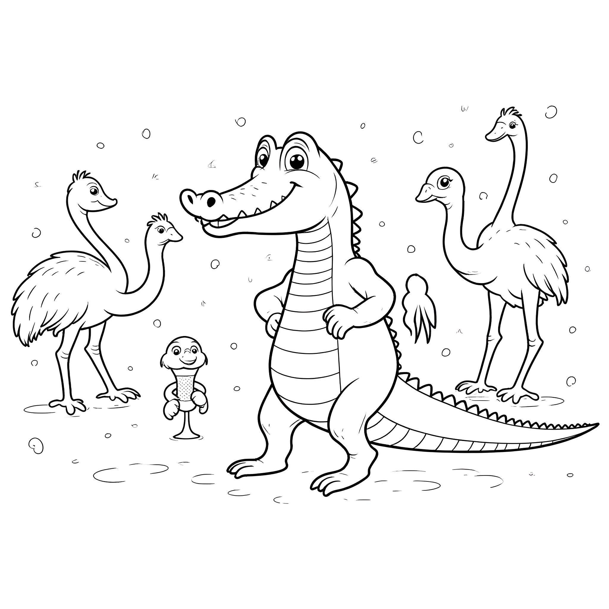 Alligator and ostriches playing together in the snow Coloring Page (free black-and-white line drawing printable PDF for all, from beginners to advanced learners, including children, teens, adults, and seniors)