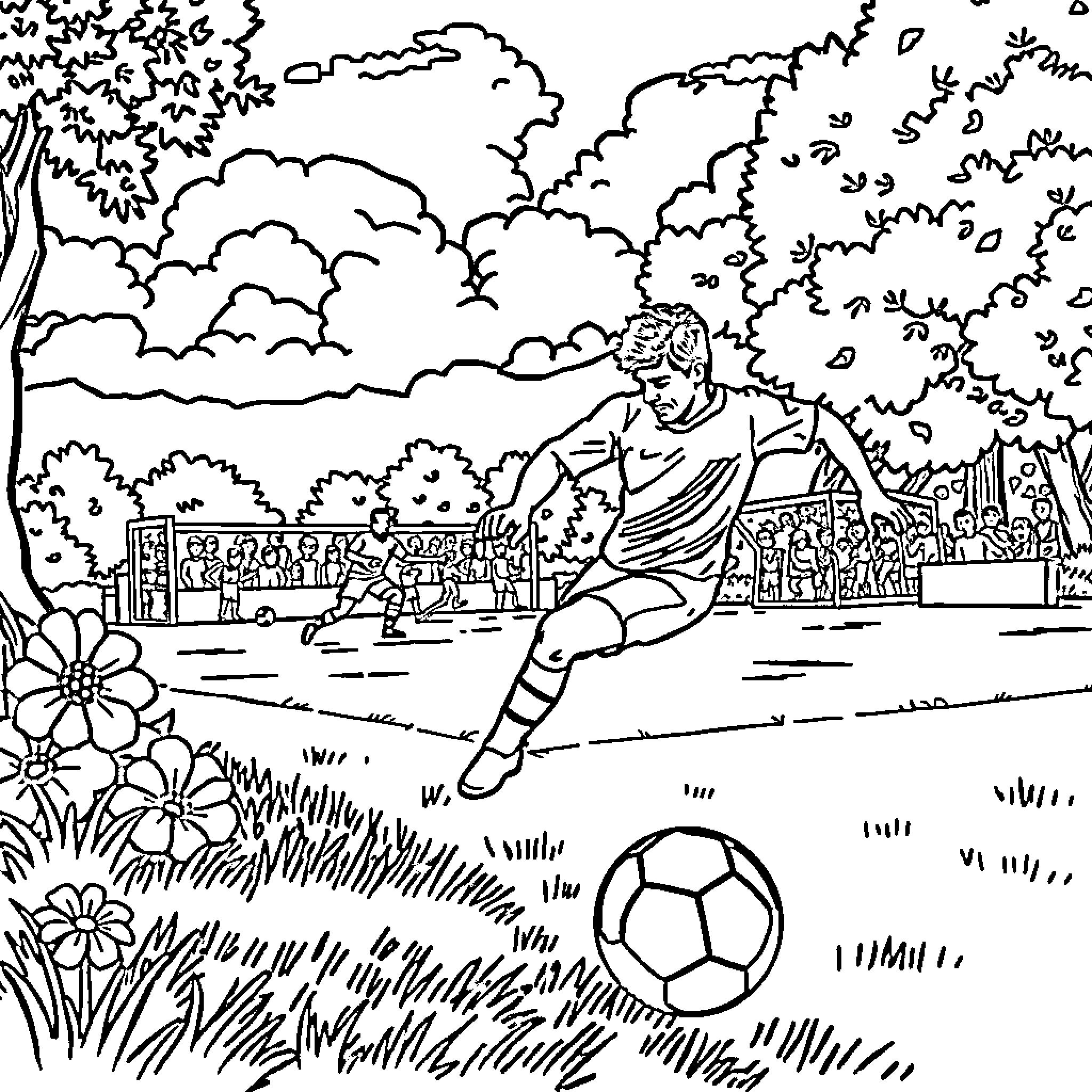 Soccer player enjoying the outdoors on a sunny day Coloring Page (free black-and-white line drawing printable PDF for all, from beginners to advanced learners, including children, teens, adults, and seniors)