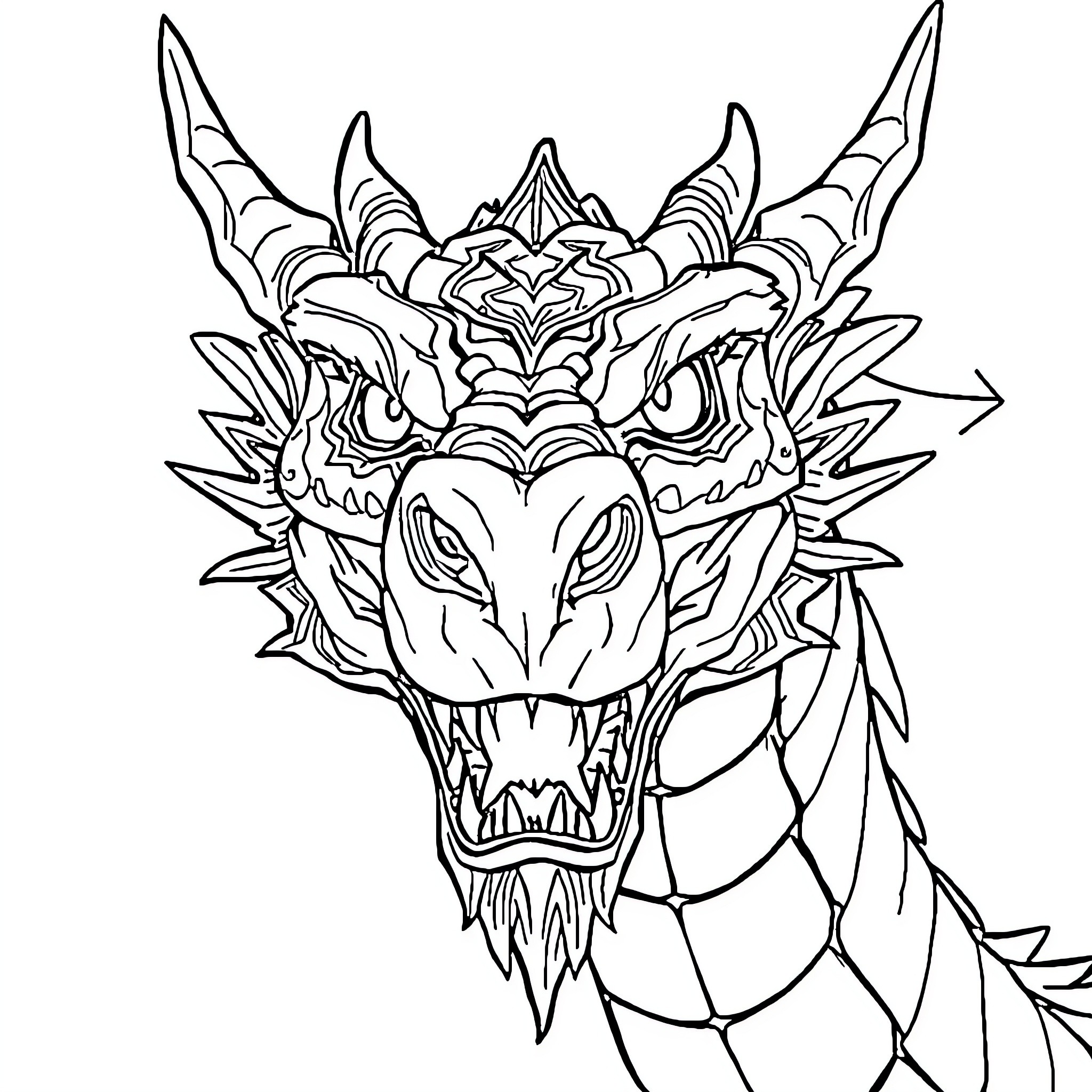 Dragon with Fierce Expression and Intricate Details Coloring Page (free black-and-white line drawing printable PDF for all, from beginners to advanced learners, including children, teens, adults, and seniors)
