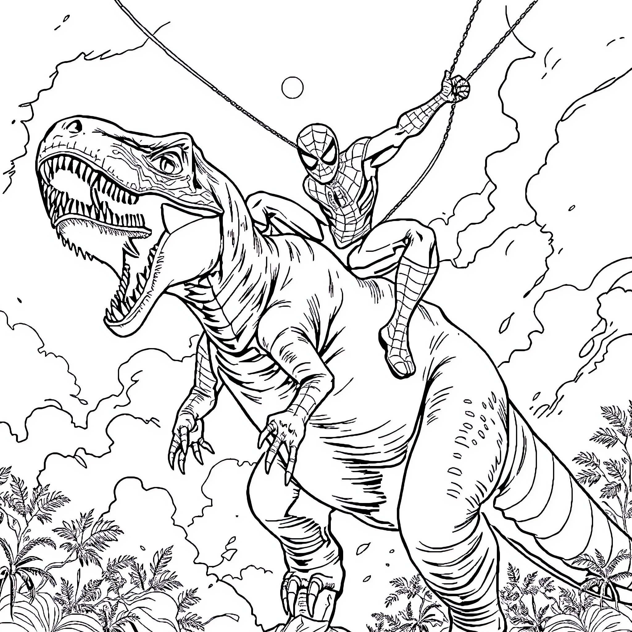 Spiderman battles a fearsome dinosaur in a dramatic scene Coloring Page (free black-and-white line drawing printable PDF for all, from beginners to advanced learners, including children, teens, adults, and seniors)