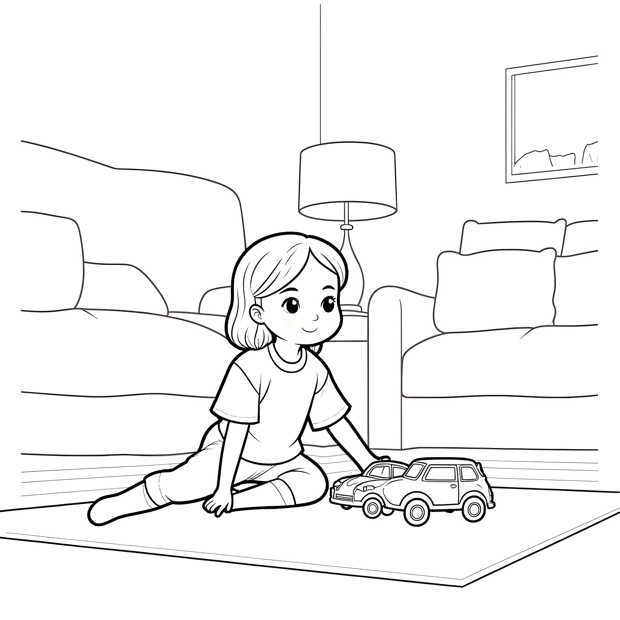 Girl playing with toy car in living room Coloring Page (free black-and-white line drawing printable PDF for all, from beginners to advanced learners, including children, teens, adults, and seniors)