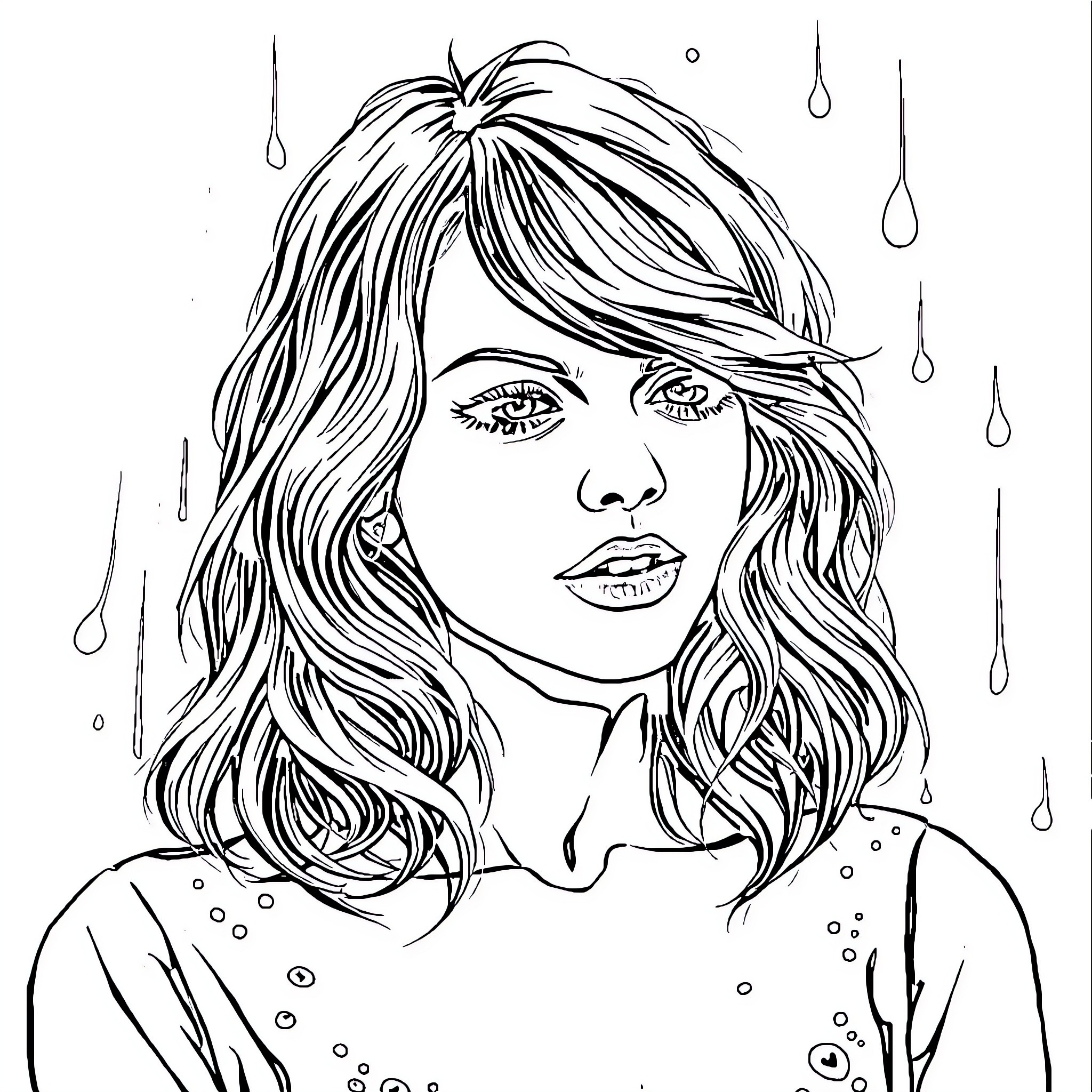Taylor Swift in pensive rainy mood Coloring Page (free black-and-white line drawing printable PDF for all, from beginners to advanced learners, including children, teens, adults, and seniors)