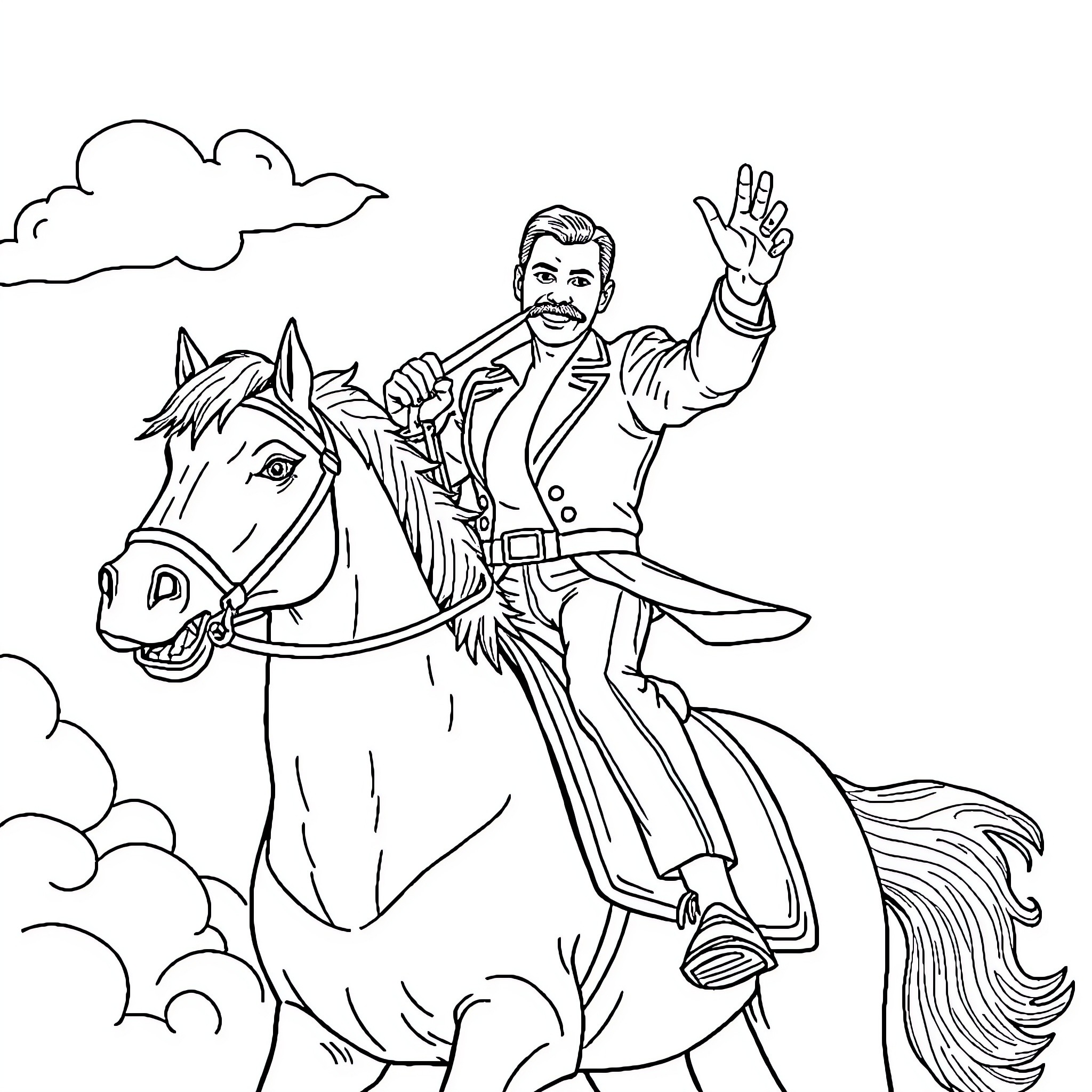 Freddie Mercury riding a galloping horse in celebratory pose Coloring Page (free black-and-white line drawing printable PDF for all, from beginners to advanced learners, including children, teens, adults, and seniors)