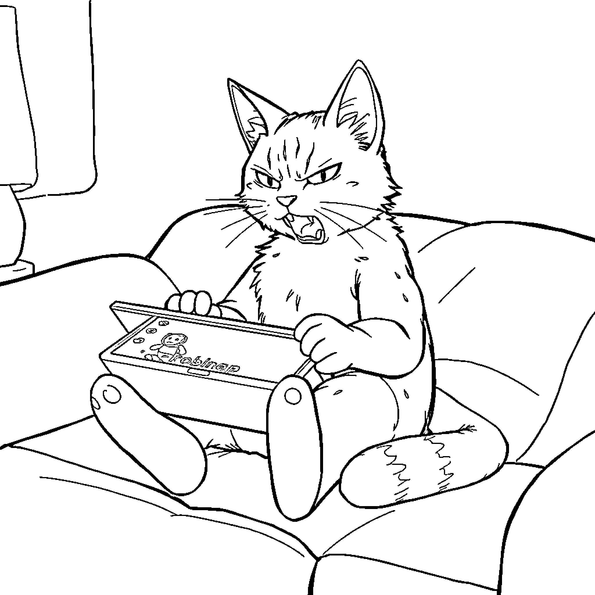 Cat playing video games on a couch Coloring Page (free black-and-white line drawing printable PDF for all, from beginners to advanced learners, including children, teens, adults, and seniors)