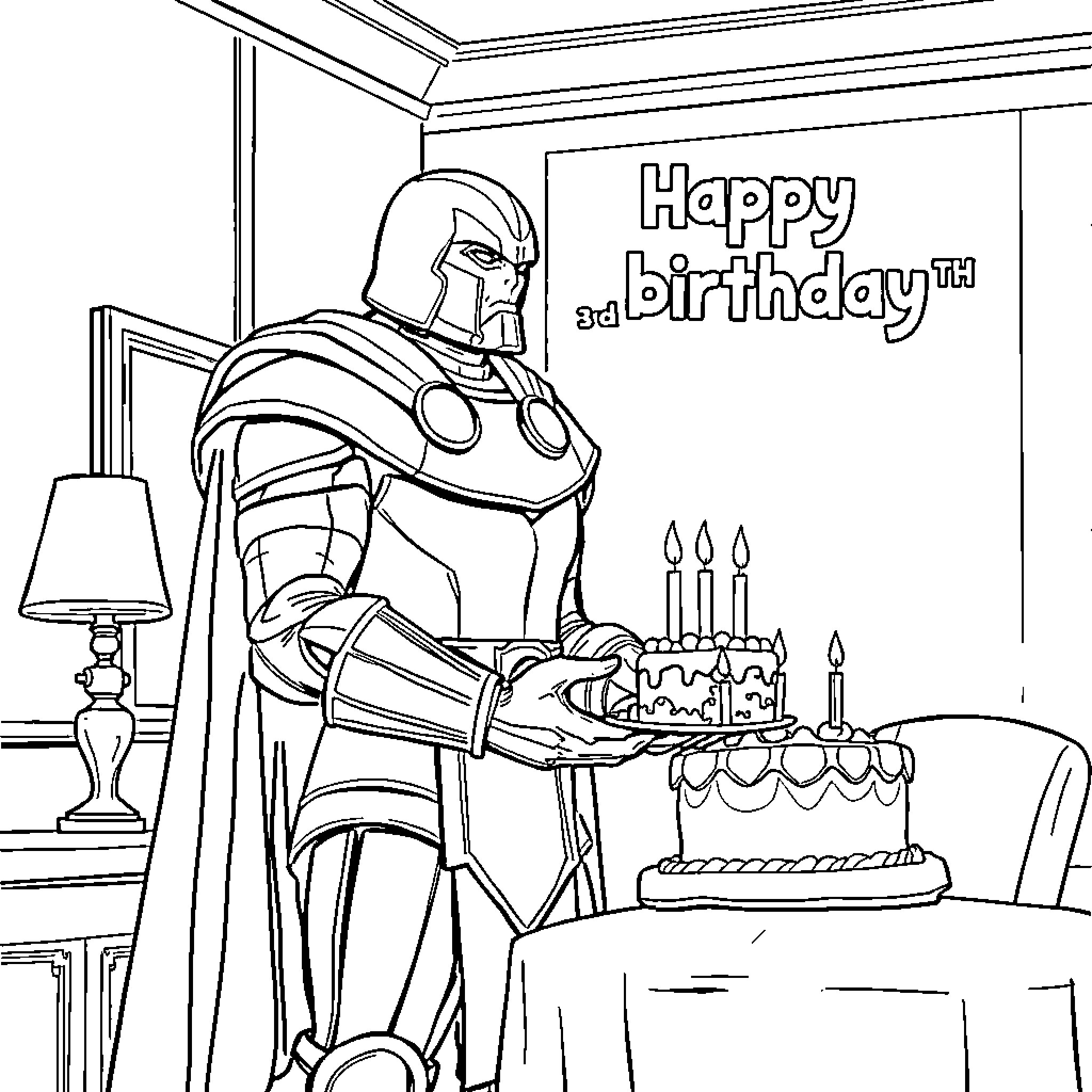 Dr. Doom celebrates birthday with cake and candles Coloring Page (free black-and-white line drawing printable PDF for all, from beginners to advanced learners, including children, teens, adults, and seniors)