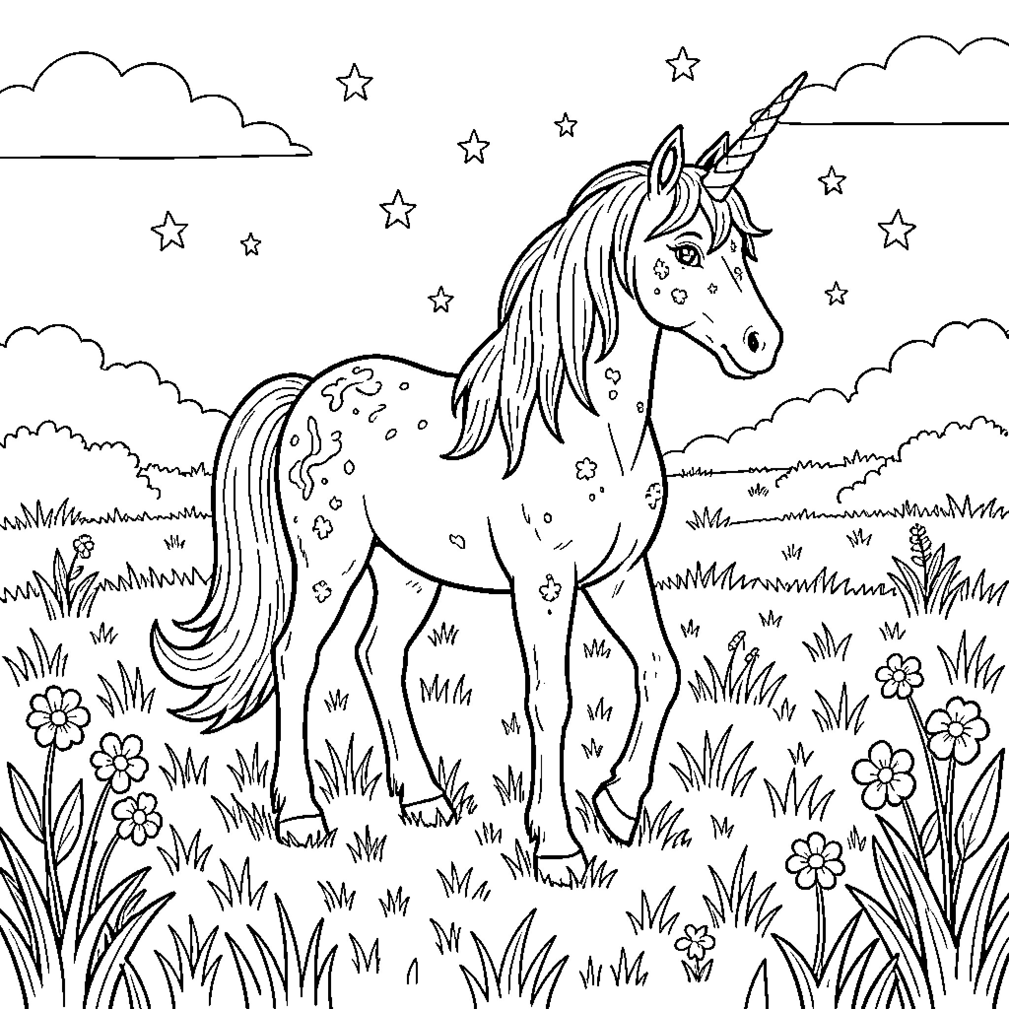 Unicorn standing gracefully in a flowery meadow Coloring Page (free black-and-white line drawing printable PDF for all, from beginners to advanced learners, including children, teens, adults, and seniors)