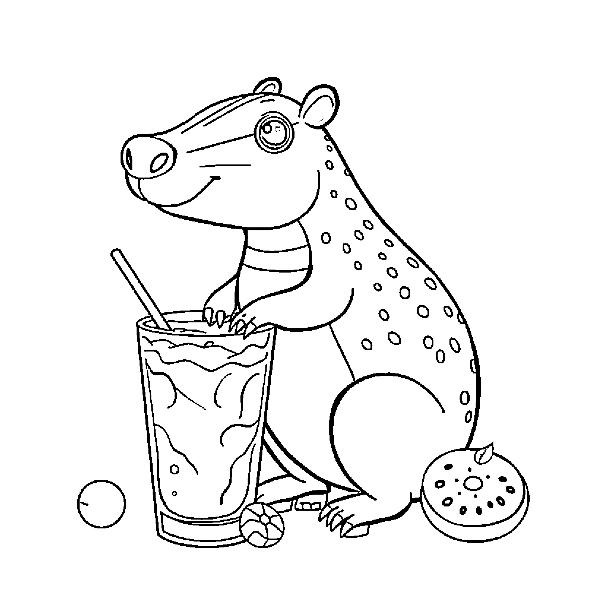 Capybara enjoying a refreshing drink on a sunny day Coloring Page (free black-and-white line drawing printable PDF for all, from beginners to advanced learners, including children, teens, adults, and seniors)