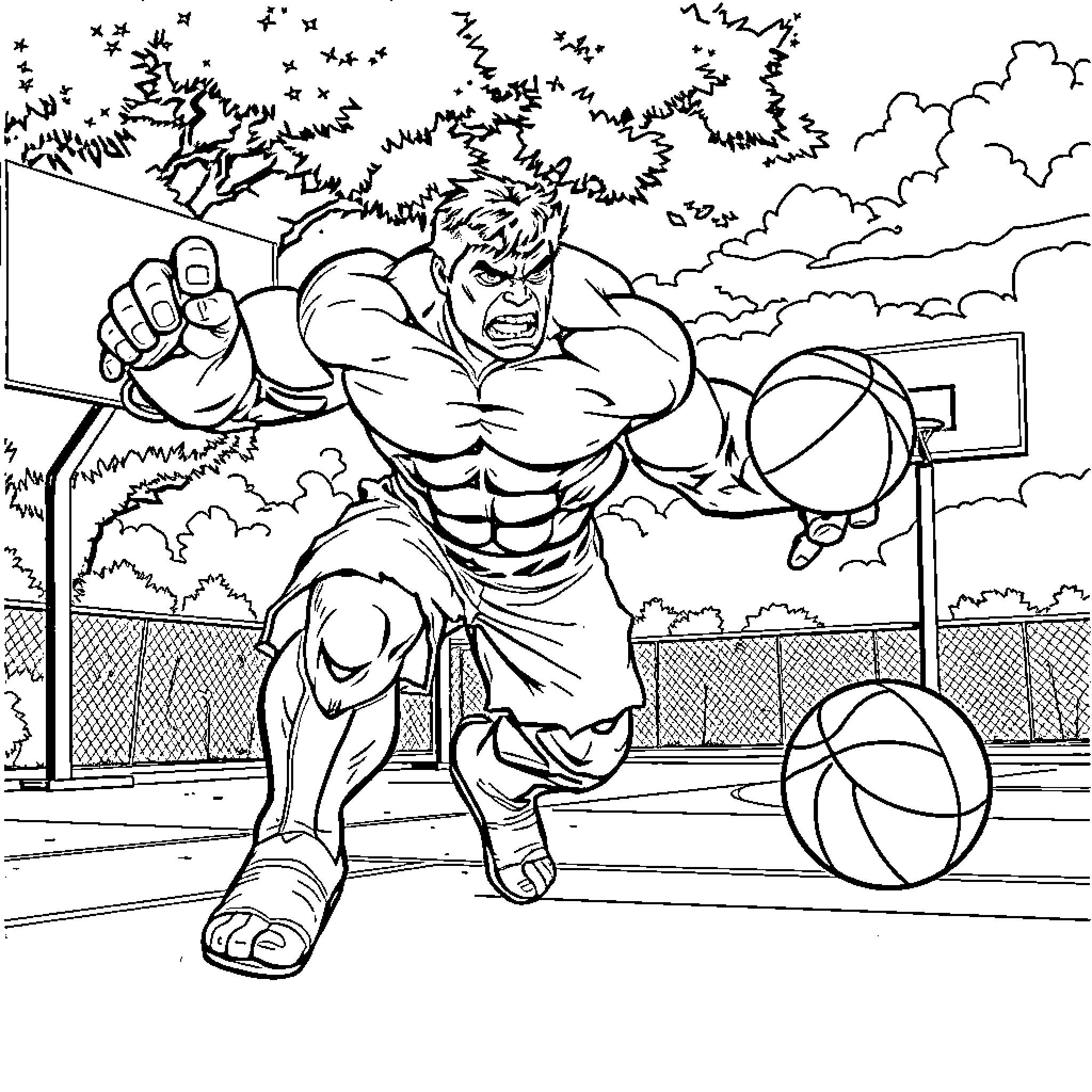 Hulk playing basketball in the park Coloring Page (free black-and-white line drawing printable PDF for all, from beginners to advanced learners, including children, teens, adults, and seniors)