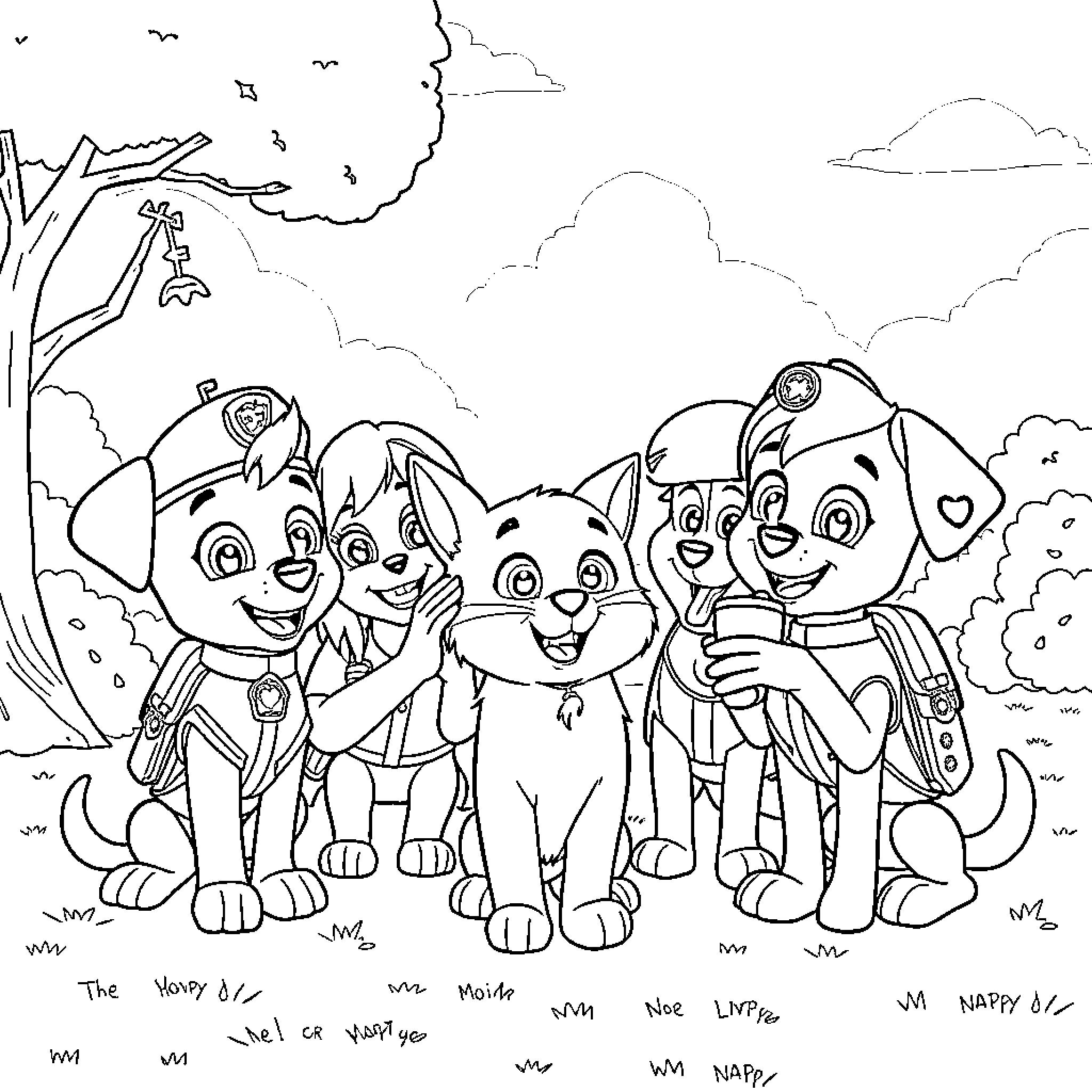 Paw Patrol characters in an outdoor adventure scene Coloring Page (free black-and-white line drawing printable PDF for all, from beginners to advanced learners, including children, teens, adults, and seniors)