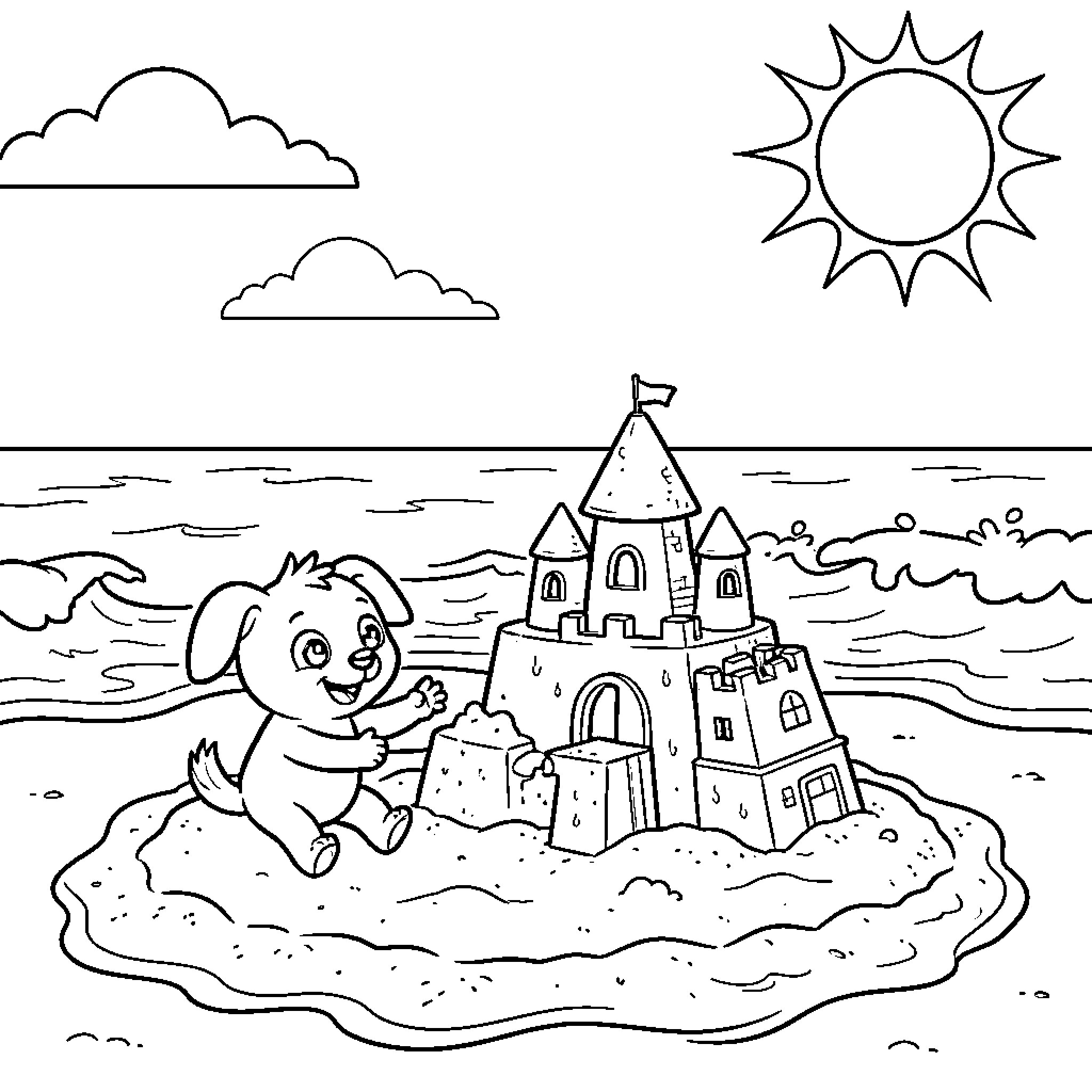 Bluey building a sandcastle on the beach Coloring Page (free black-and-white line drawing printable PDF for all, from beginners to advanced learners, including children, teens, adults, and seniors)