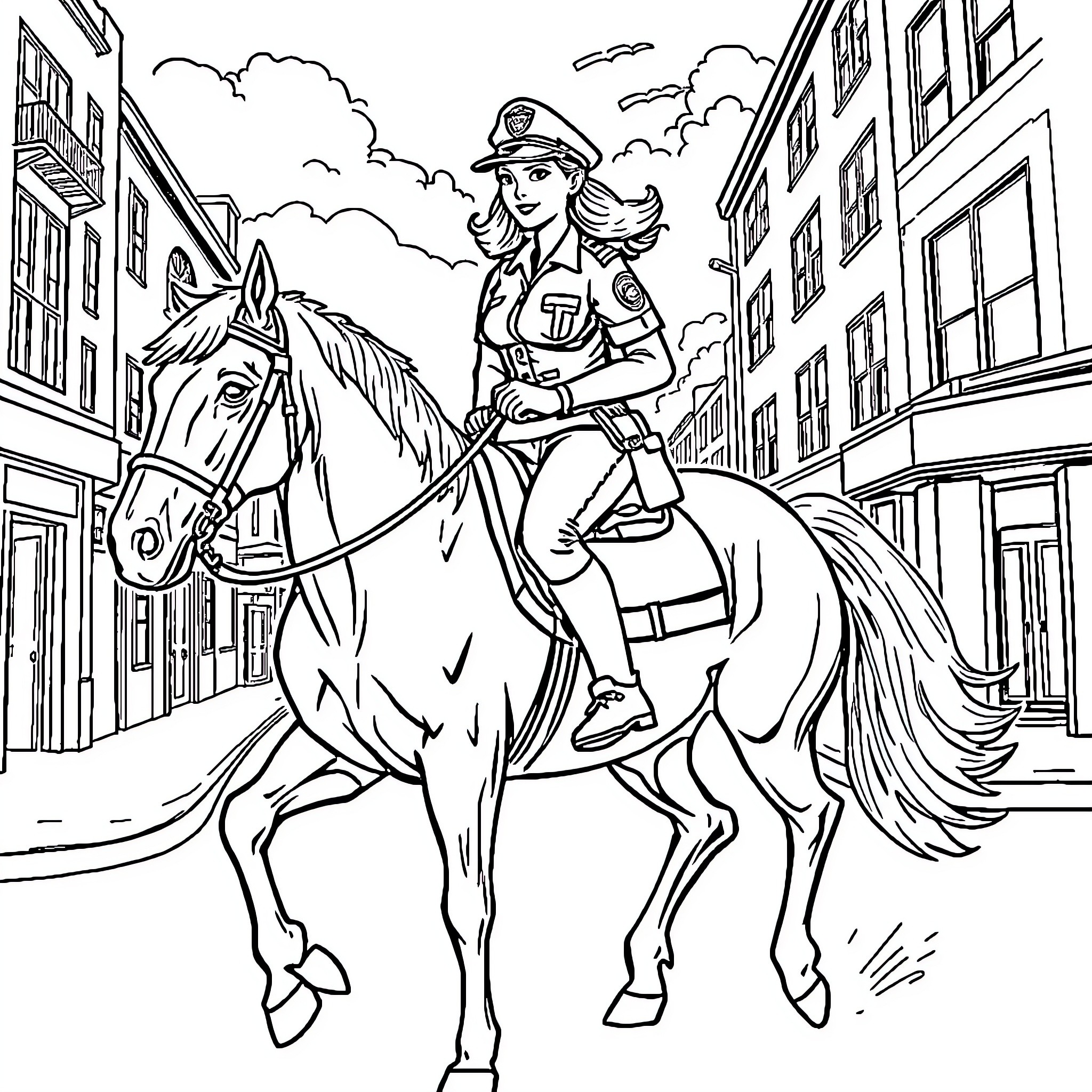 Policewoman patrolling on horseback in the city Coloring Page (free black-and-white line drawing printable PDF for all, from beginners to advanced learners, including children, teens, adults, and seniors)