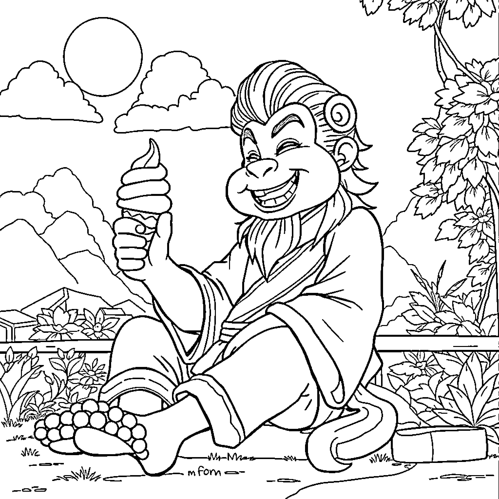 Wukong enjoying a refreshing treat in the garden Coloring Page (free black-and-white line drawing printable PDF for all, from beginners to advanced learners, including children, teens, adults, and seniors)