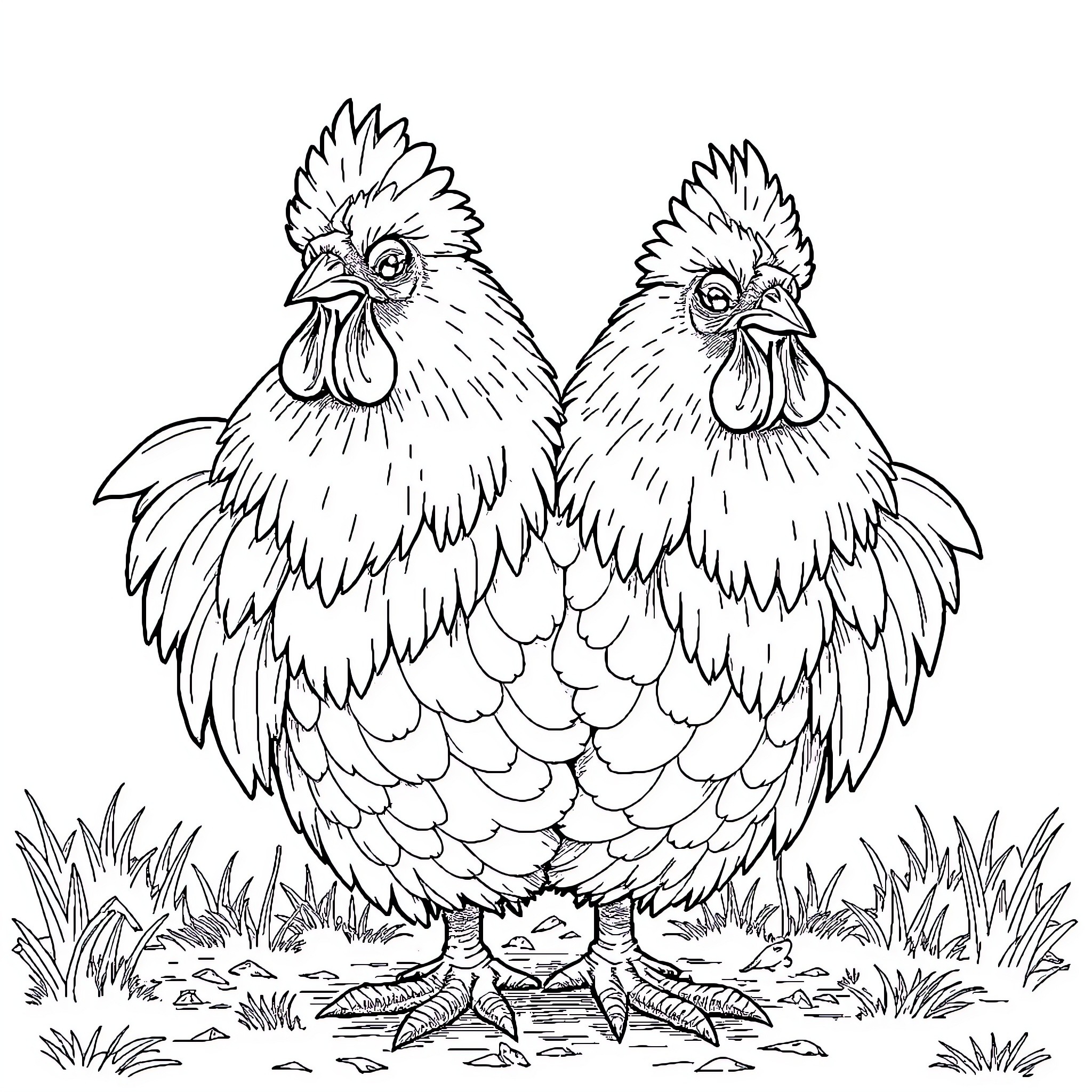 Chickens posing proudly on the grass Coloring Page (free black-and-white line drawing printable PDF for all, from beginners to advanced learners, including children, teens, adults, and seniors)