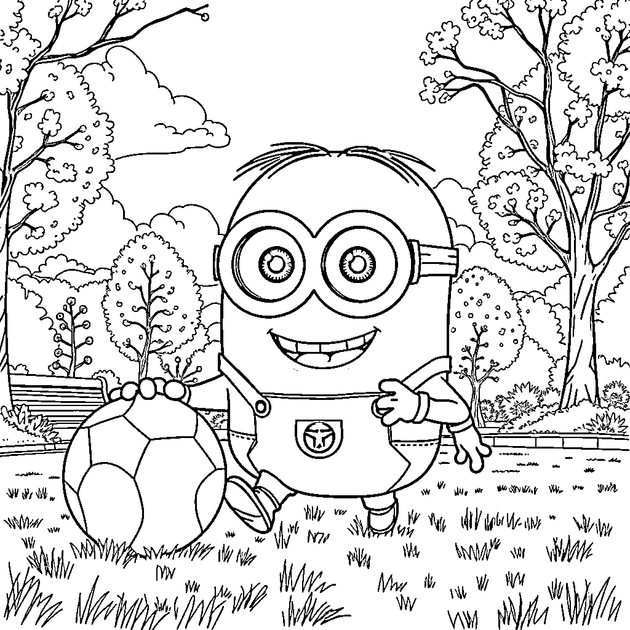 Minion playing happily in the park Coloring Page (free black-and-white line drawing printable PDF for all, from beginners to advanced learners, including children, teens, adults, and seniors)