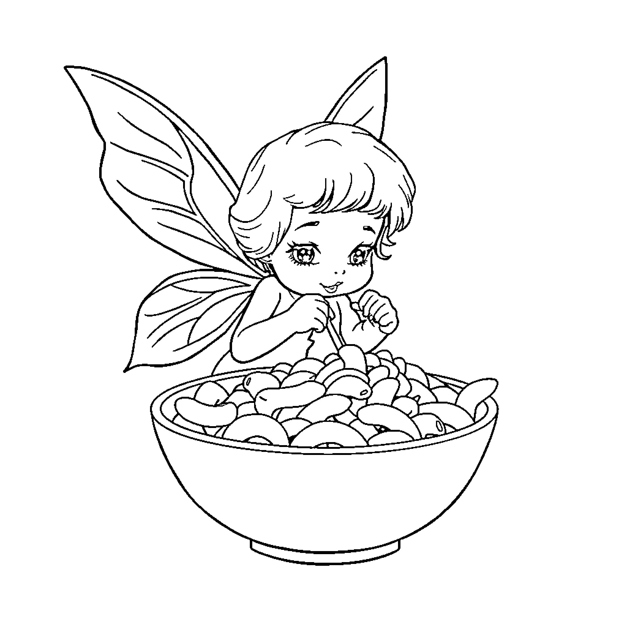 Fairy enjoys a bowl of treats Coloring Page (free black-and-white line drawing printable PDF for all, from beginners to advanced learners, including children, teens, adults, and seniors)