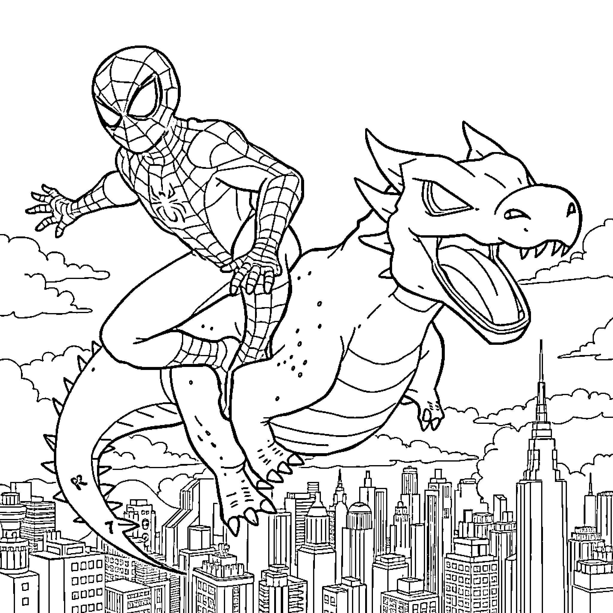 Spiderman swinging across the city with a dragon Coloring Page (free black-and-white line drawing printable PDF for all, from beginners to advanced learners, including children, teens, adults, and seniors)