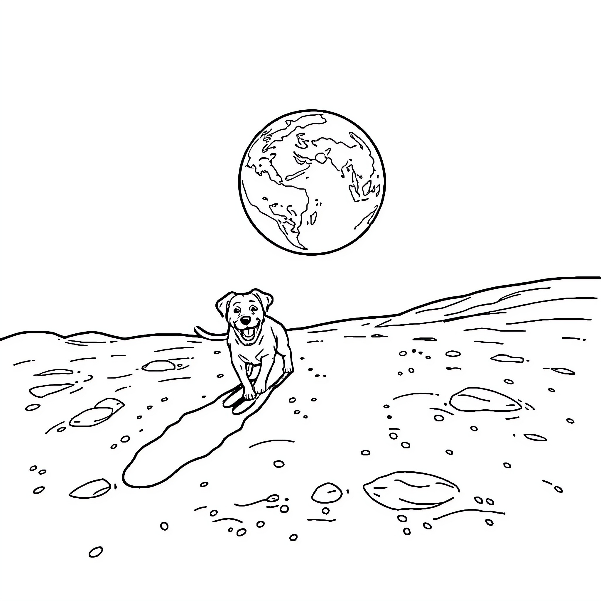 Dog exploring the world Coloring Page (free black-and-white line drawing printable PDF for all, from beginners to advanced learners, including children, teens, adults, and seniors)