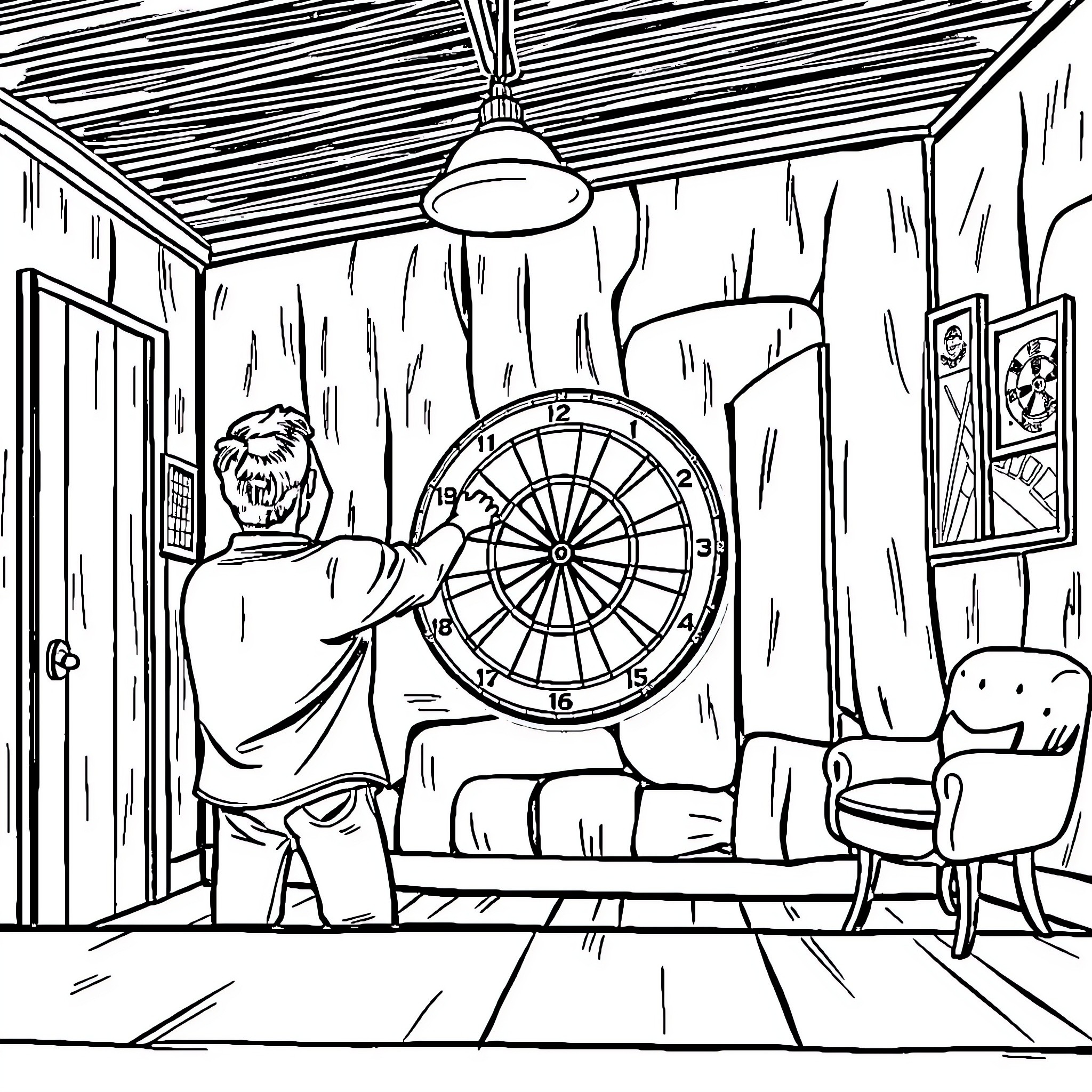 Dart player throwing in cozy room Coloring Page (free black-and-white line drawing printable PDF for all, from beginners to advanced learners, including children, teens, adults, and seniors)