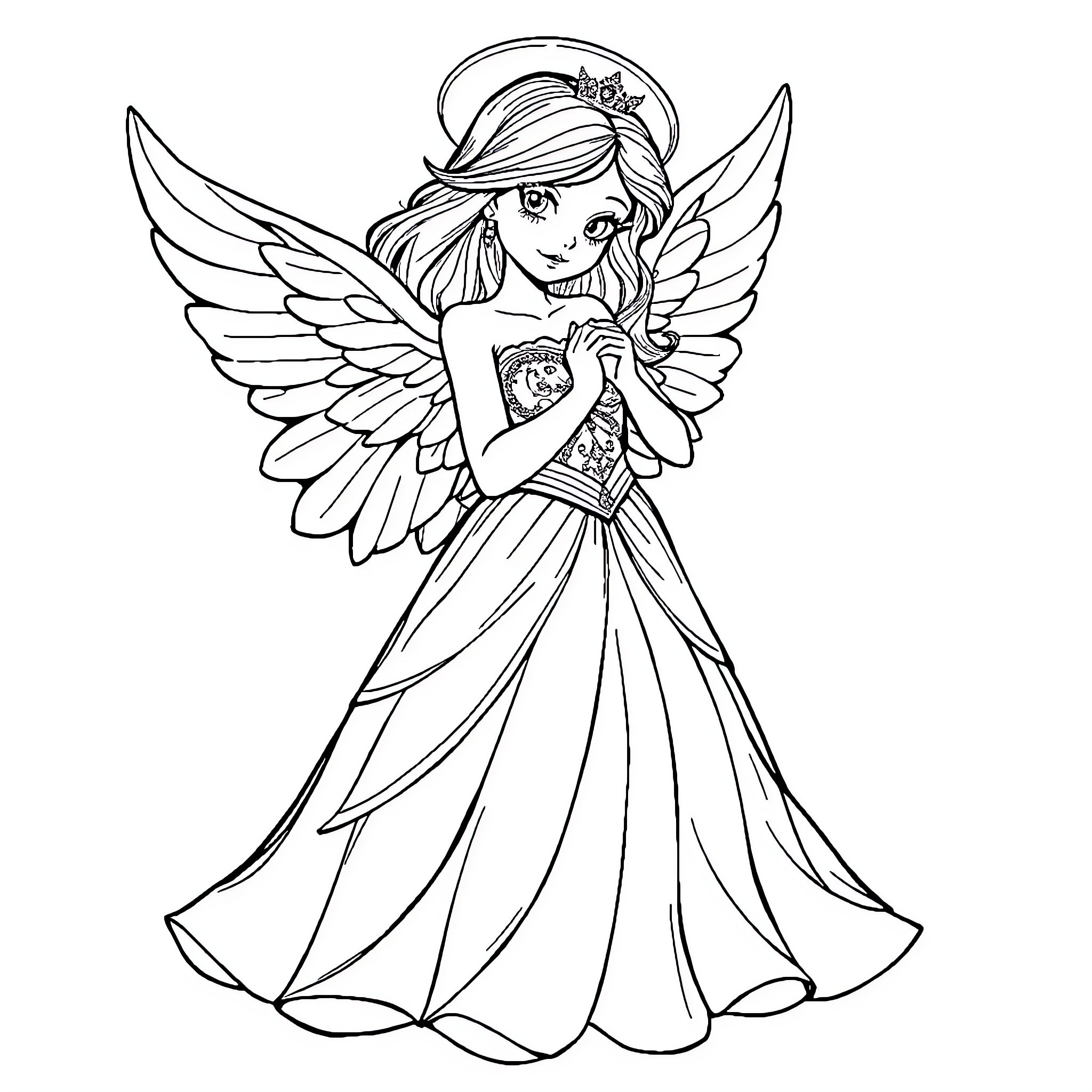 Angel of Peace in Flowing Dress Coloring Page (free black-and-white line drawing printable PDF for all, from beginners to advanced learners, including children, teens, adults, and seniors)