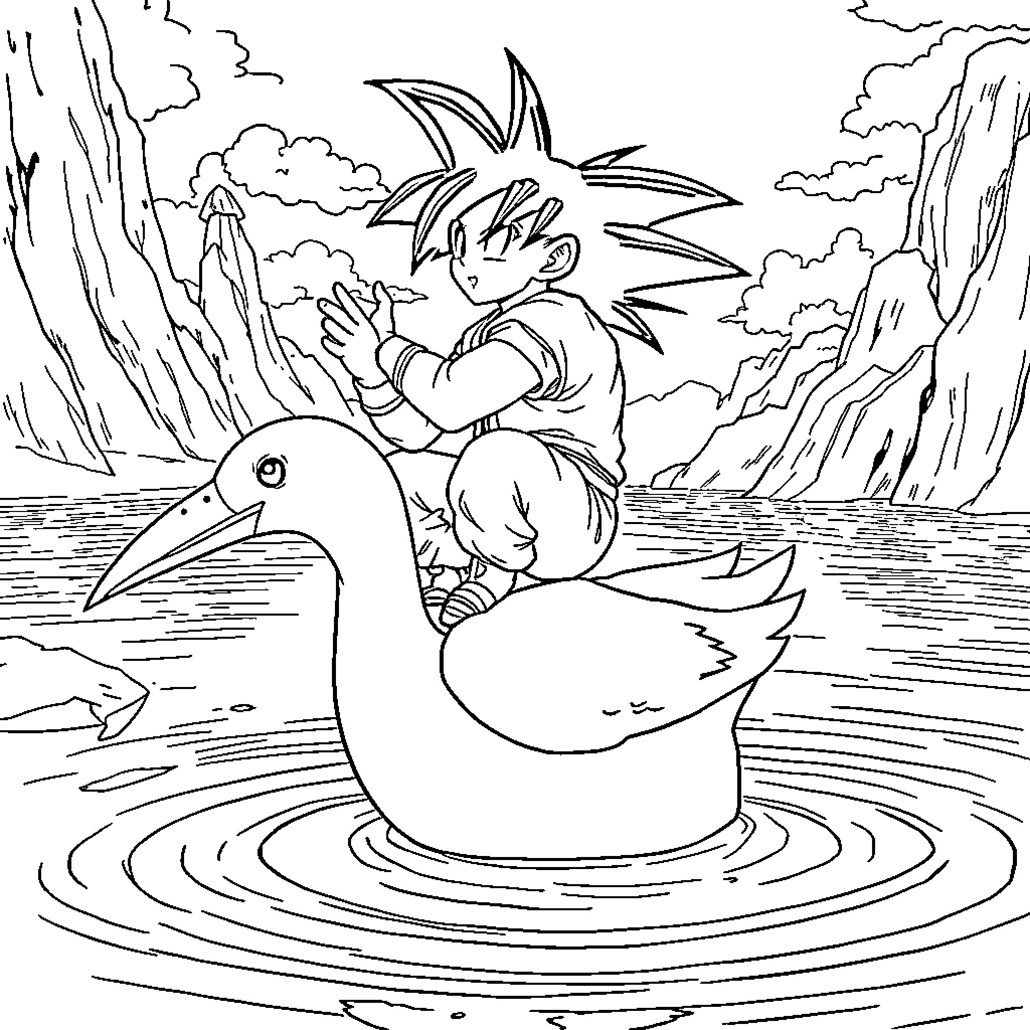 Goku riding a giant bird in a serene landscape Coloring Page (free black-and-white line drawing printable PDF for all, from beginners to advanced learners, including children, teens, adults, and seniors)
