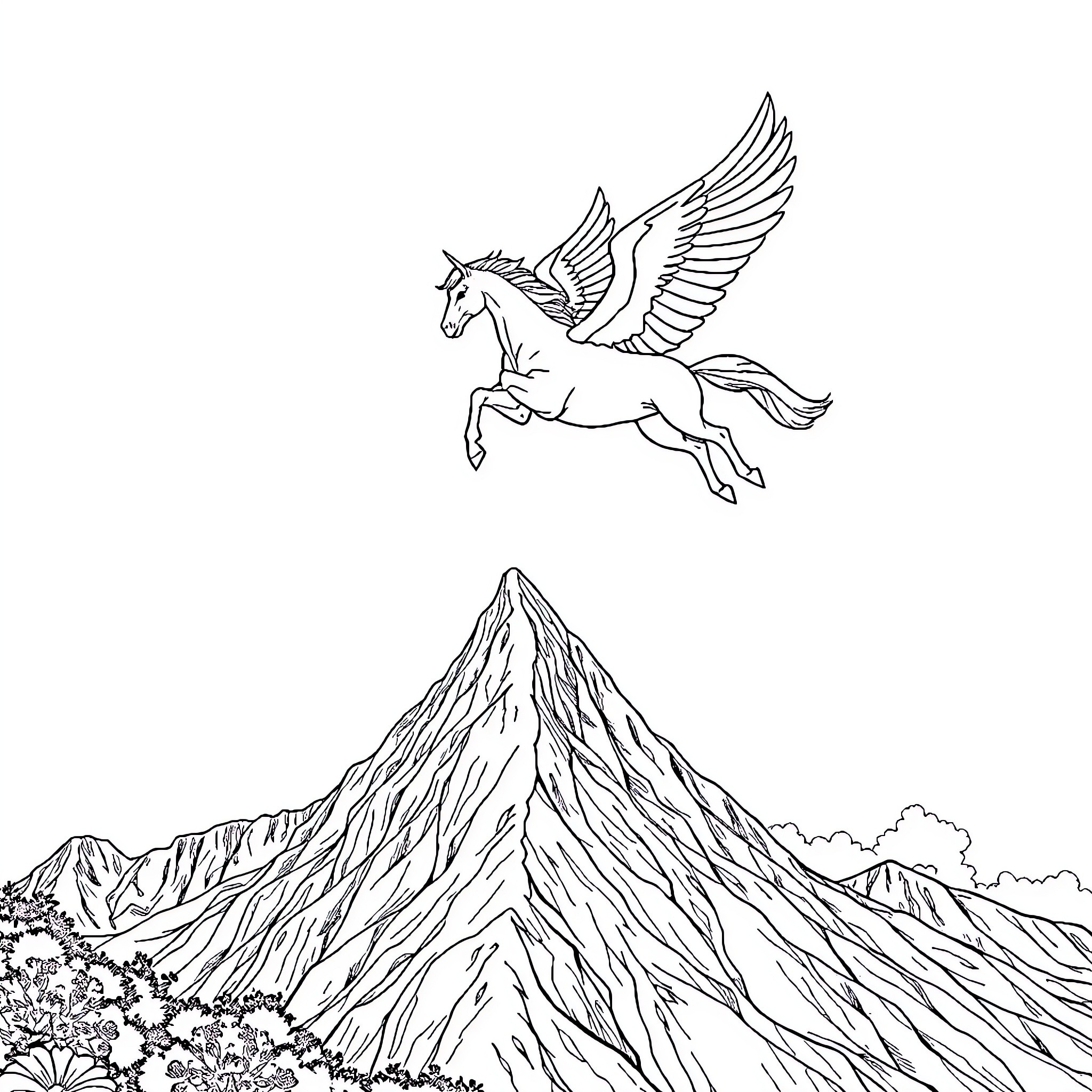 Pegasus soaring over majestic mountains Coloring Page (free black-and-white line drawing printable PDF for all, from beginners to advanced learners, including children, teens, adults, and seniors)