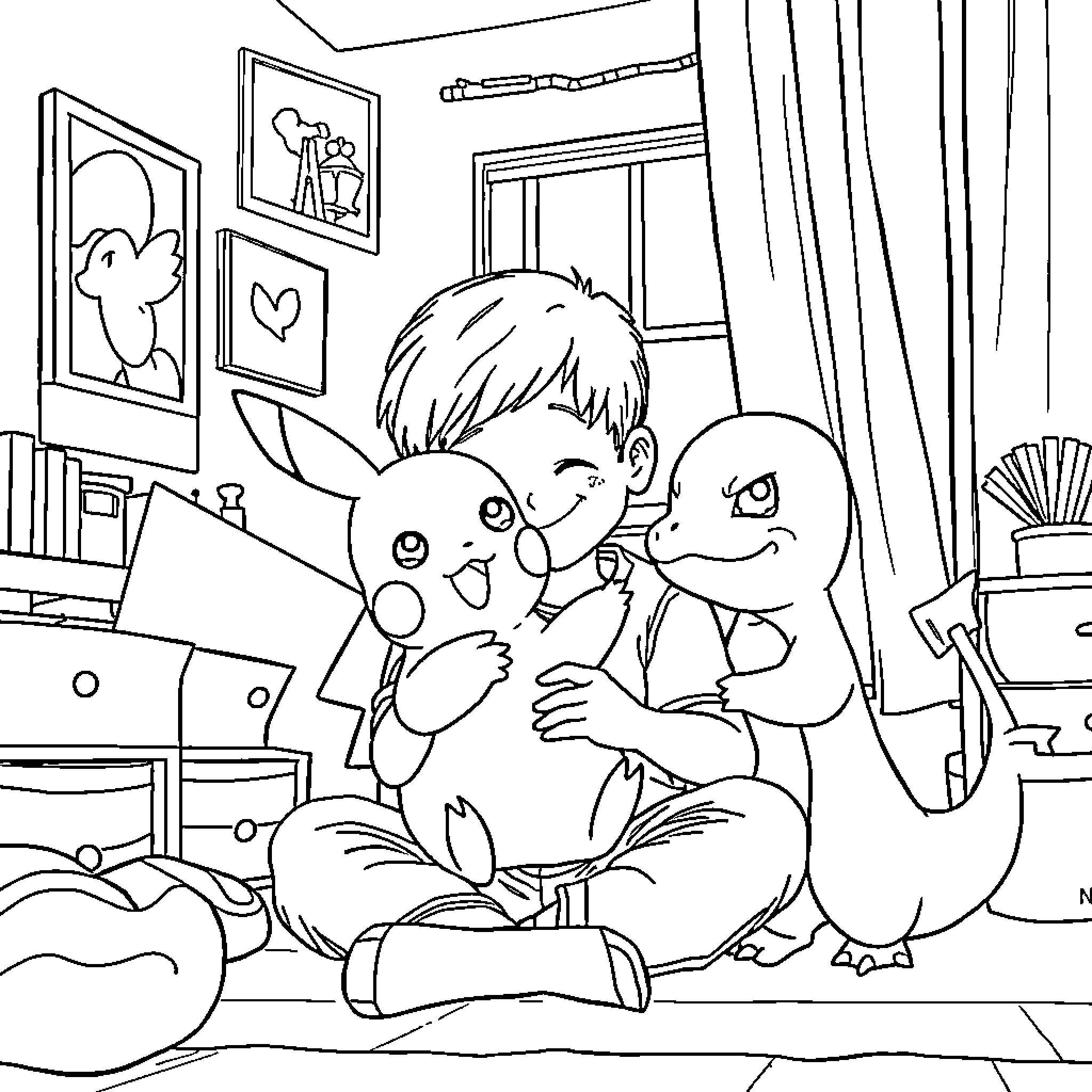 Boy interacts playfully with cartoon monsters in bedroom Coloring Page (free black-and-white line drawing printable PDF for all, from beginners to advanced learners, including children, teens, adults, and seniors)