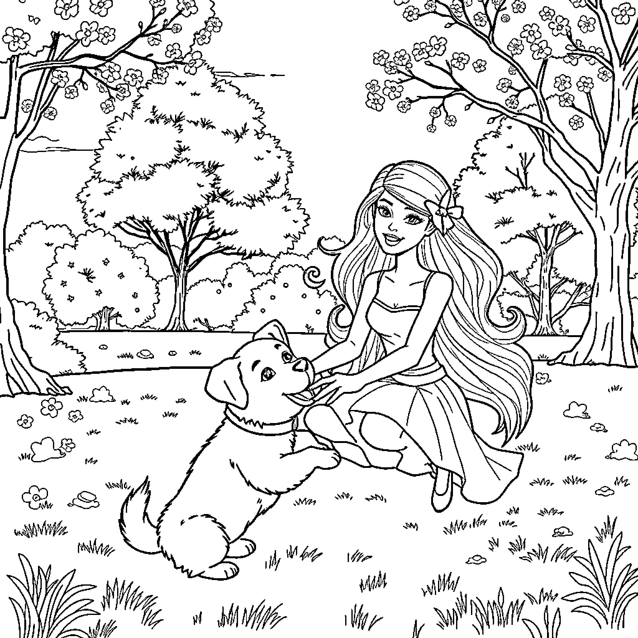 Barbie playing with her puppy in a nature scene Coloring Page (free black-and-white line drawing printable PDF for all, from beginners to advanced learners, including children, teens, adults, and seniors)