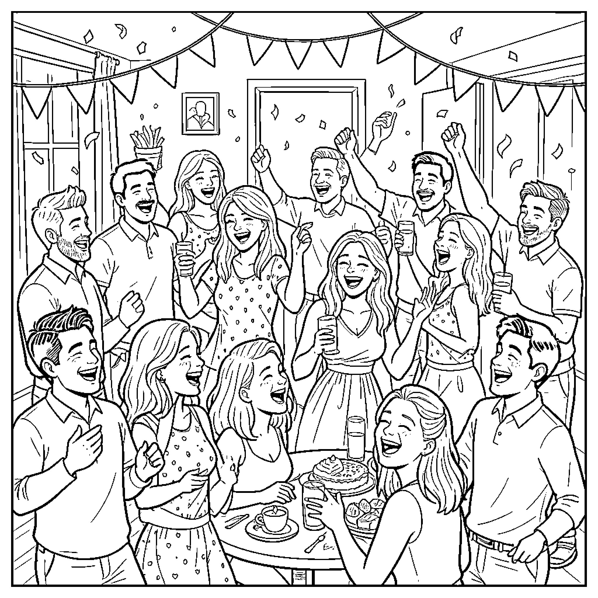 Party guests cheering and celebrating together with food Coloring Page (free black-and-white line drawing printable PDF for all, from beginners to advanced learners, including children, teens, adults, and seniors)