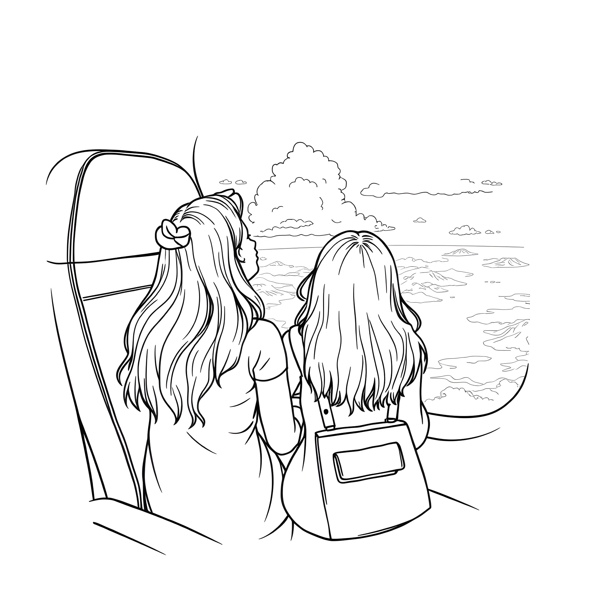 Sisters enjoying the scenery during a road trip Coloring Page (free black-and-white line drawing printable PDF for all, from beginners to advanced learners, including children, teens, adults, and seniors)