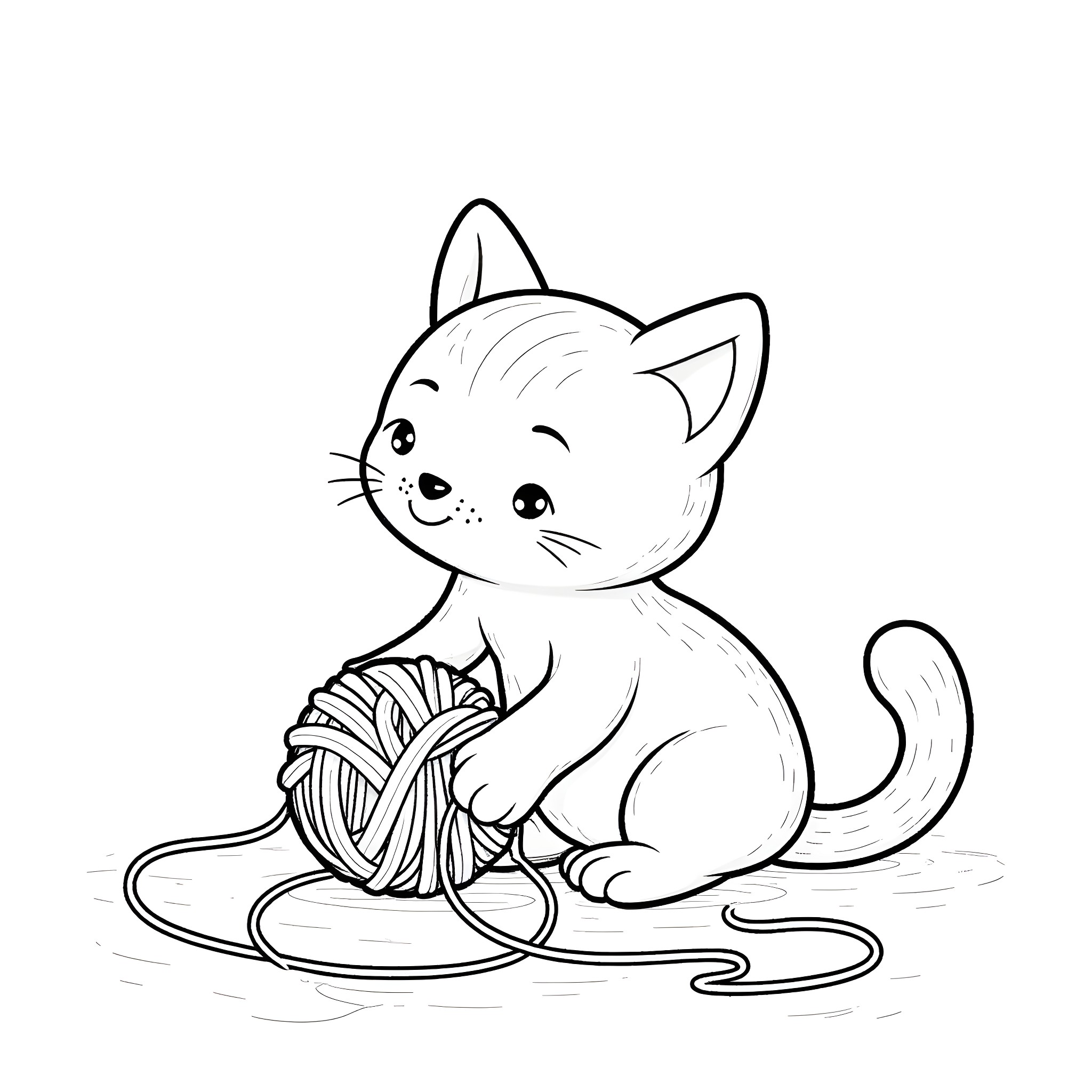 Cat playing with yarn Coloring Page (free black-and-white line drawing printable PDF for all, from beginners to advanced learners, including children, teens, adults, and seniors)