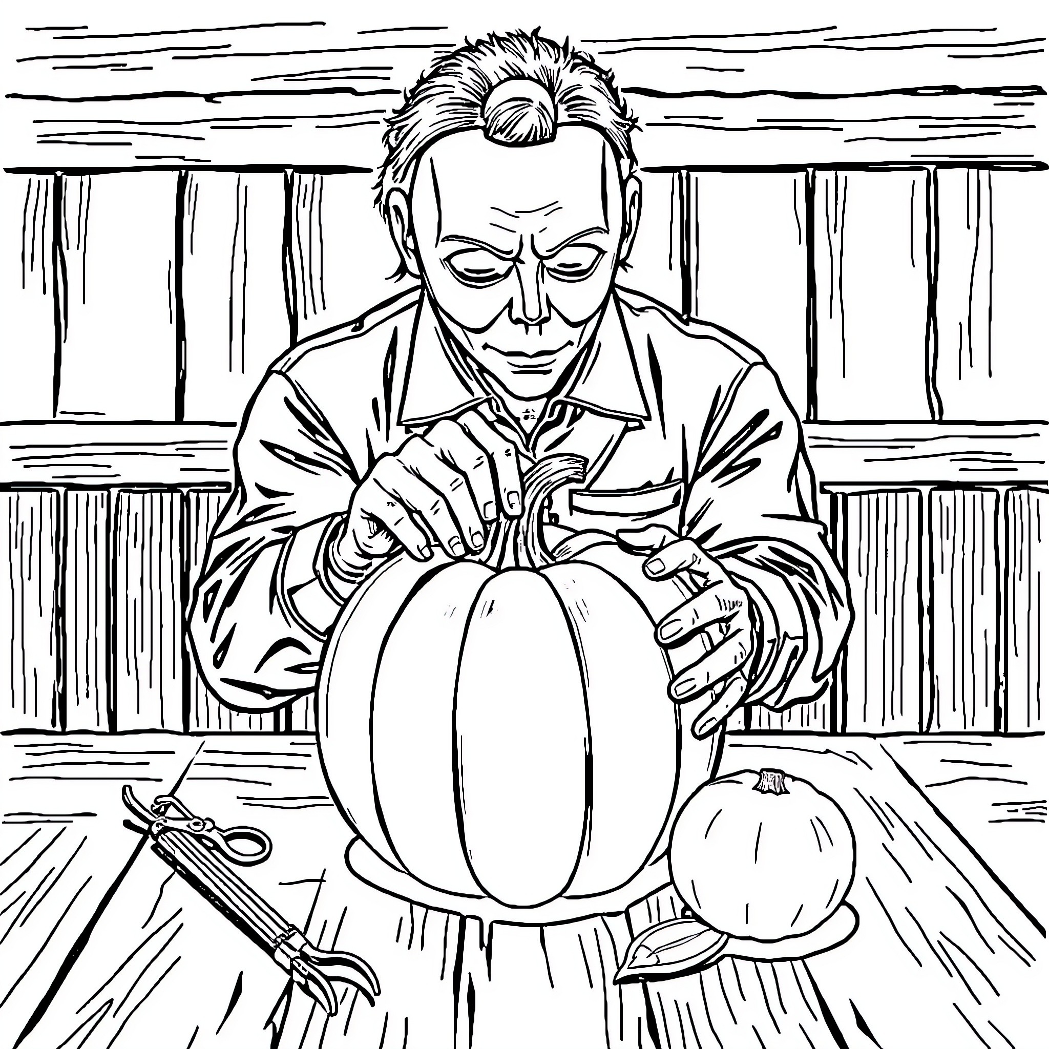 Michael Myers carving a pumpkin in a dark, ominous setting Coloring Page (free black-and-white line drawing printable PDF for all, from beginners to advanced learners, including children, teens, adults, and seniors)