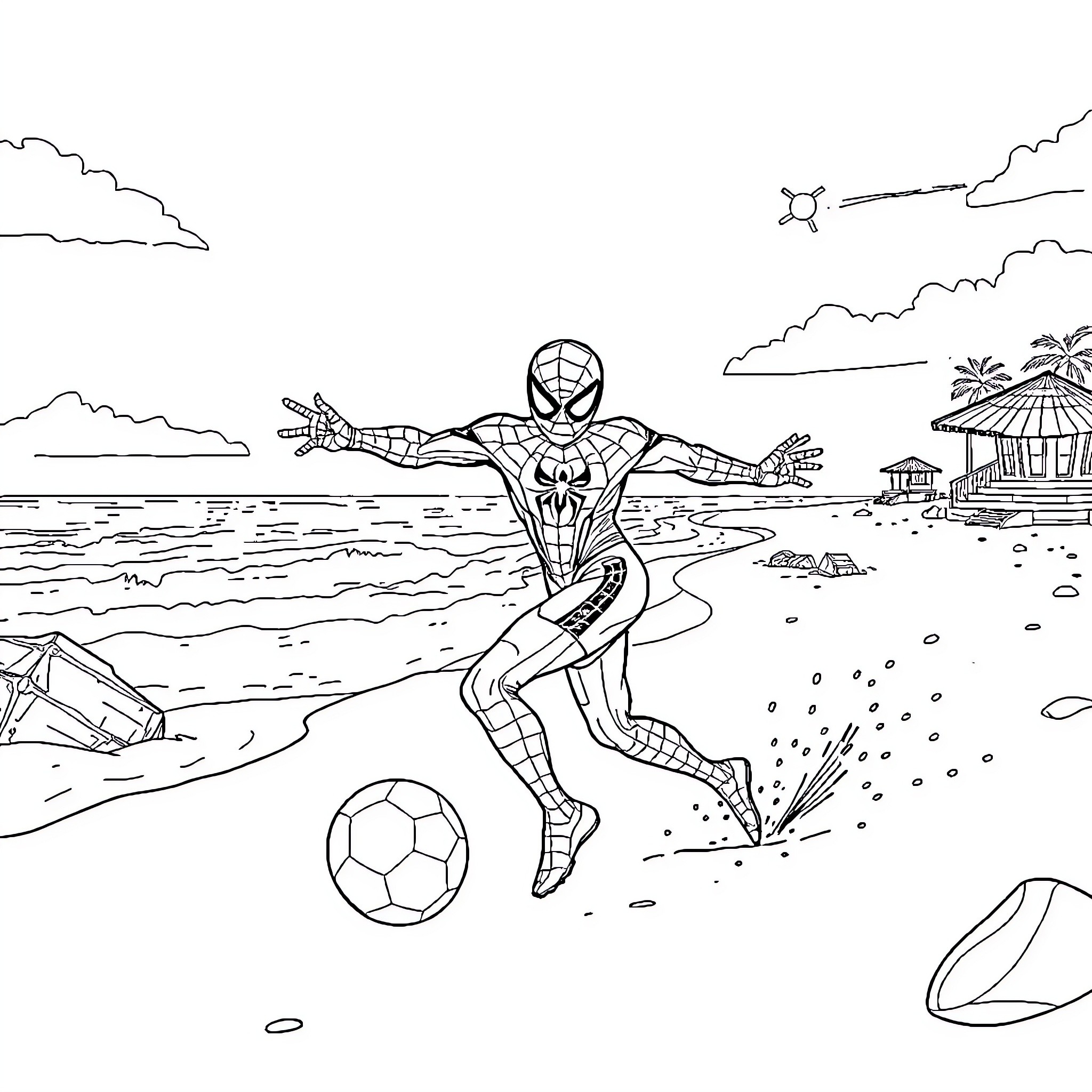 Spiderman playing soccer on a tropical beach Coloring Page (free black-and-white line drawing printable PDF for all, from beginners to advanced learners, including children, teens, adults, and seniors)